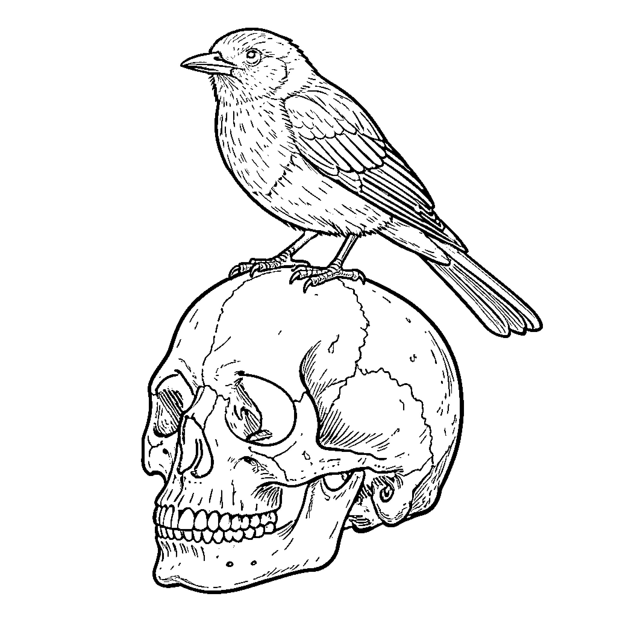 Bird perched on a human skull Coloring Page (free black-and-white line drawing printable PDF for all, from beginners to advanced learners, including children, teens, adults, and seniors)