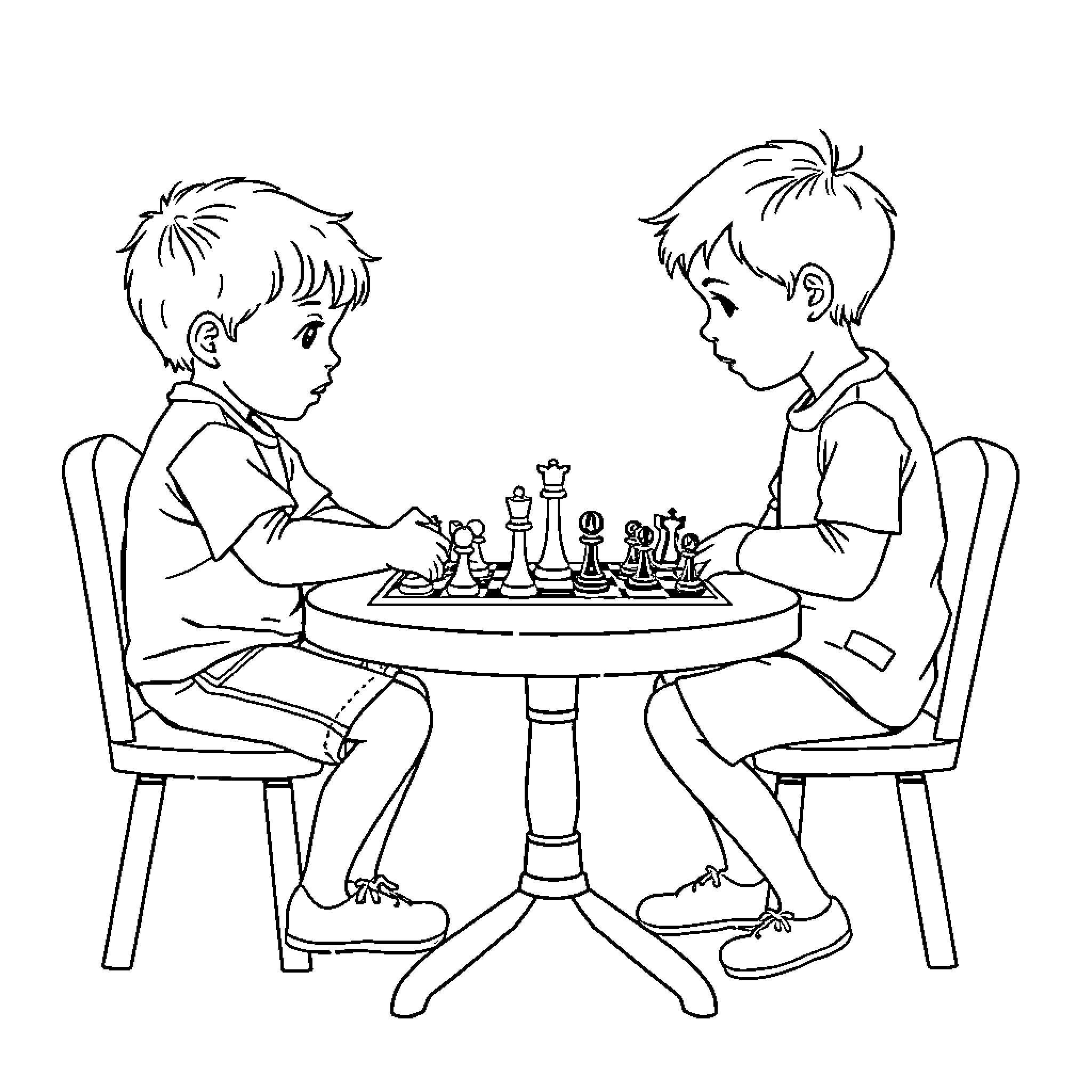 Children playing a game of chess Coloring Page (free black-and-white line drawing printable PDF for all, from beginners to advanced learners, including children, teens, adults, and seniors)