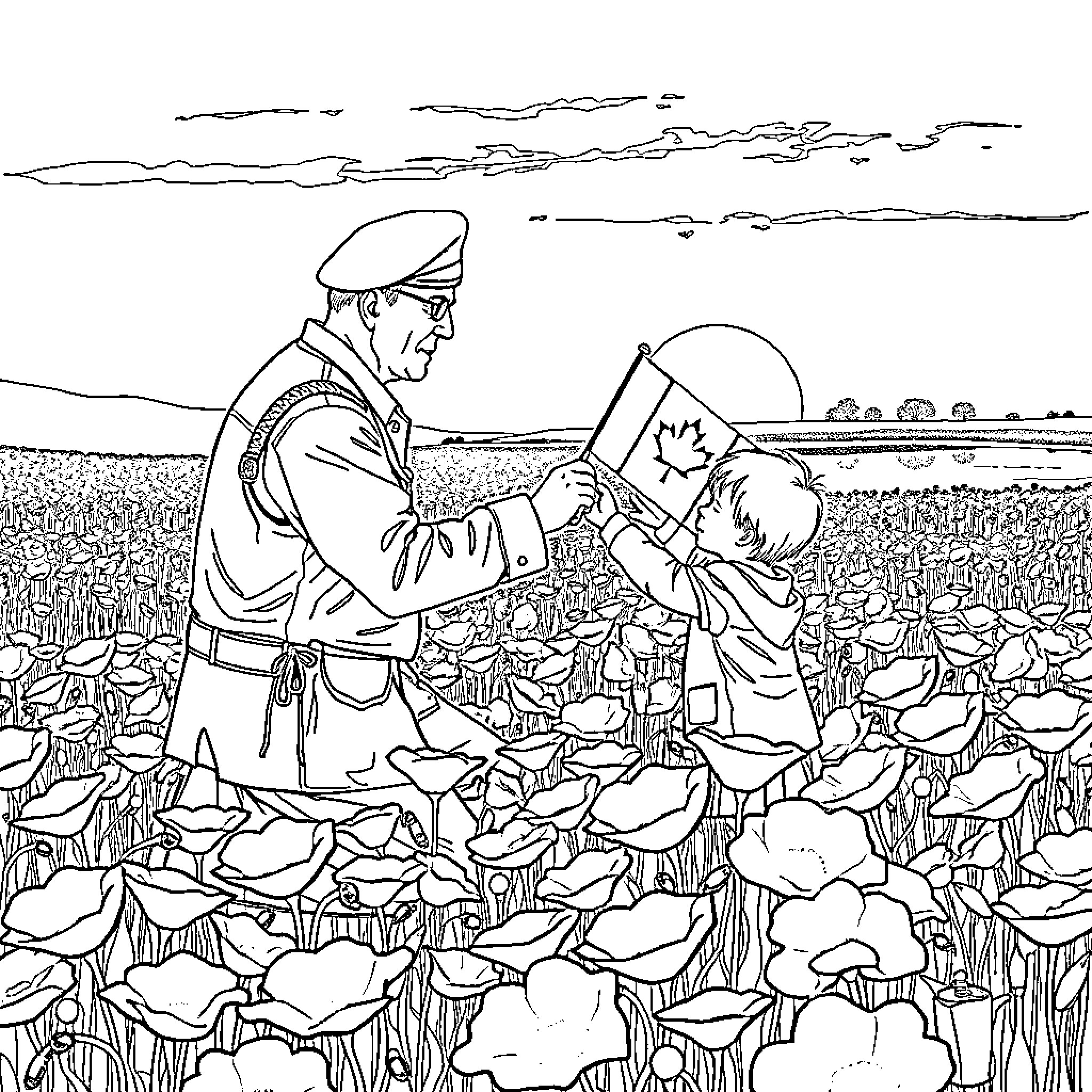 Veteran Soldier Interacting with Young Boy in Field Coloring Page (free black-and-white line drawing printable PDF for all, from beginners to advanced learners, including children, teens, adults, and seniors)