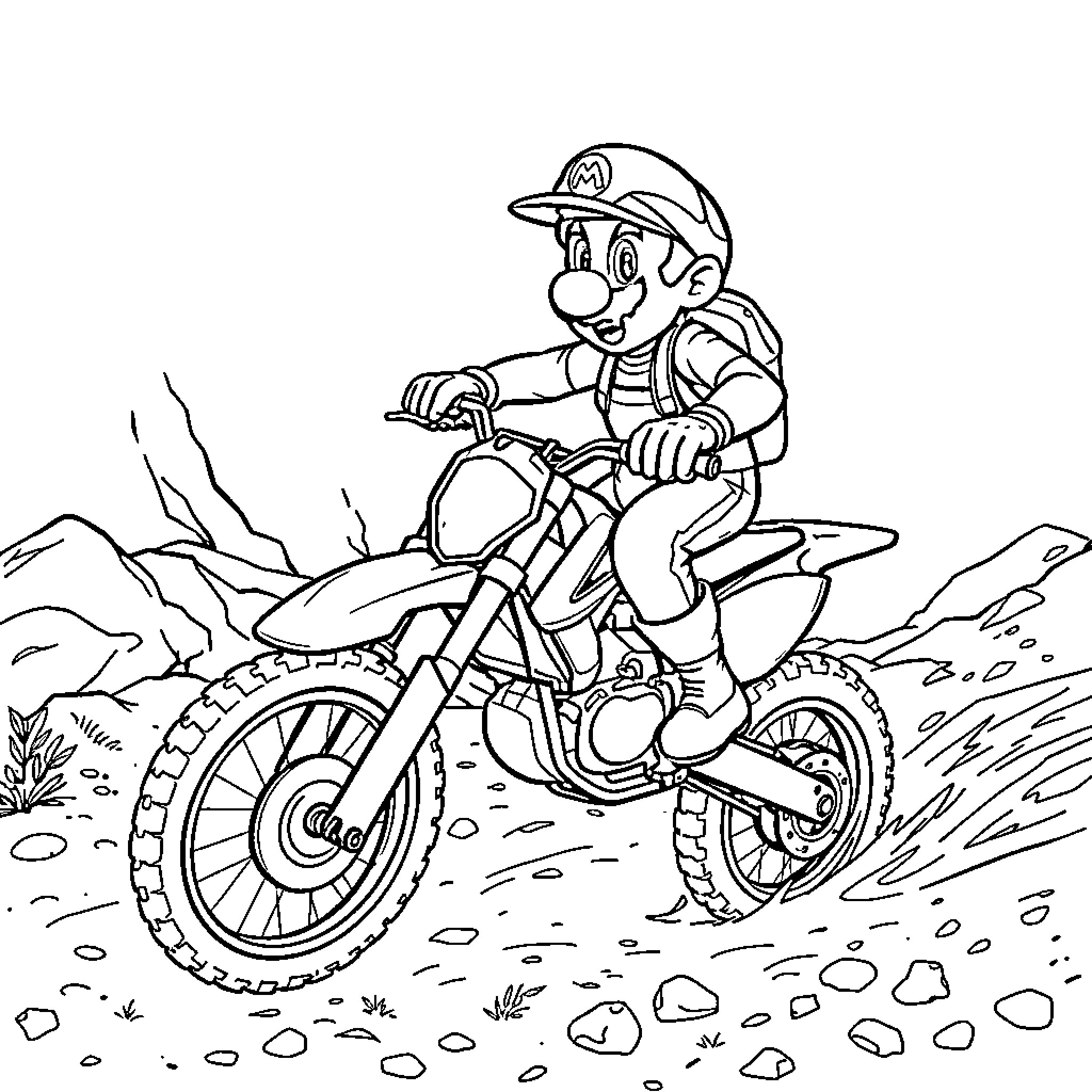 Mario riding a dirt bike on rocky terrain Coloring Page (free black-and-white line drawing printable PDF for all, from beginners to advanced learners, including children, teens, adults, and seniors)