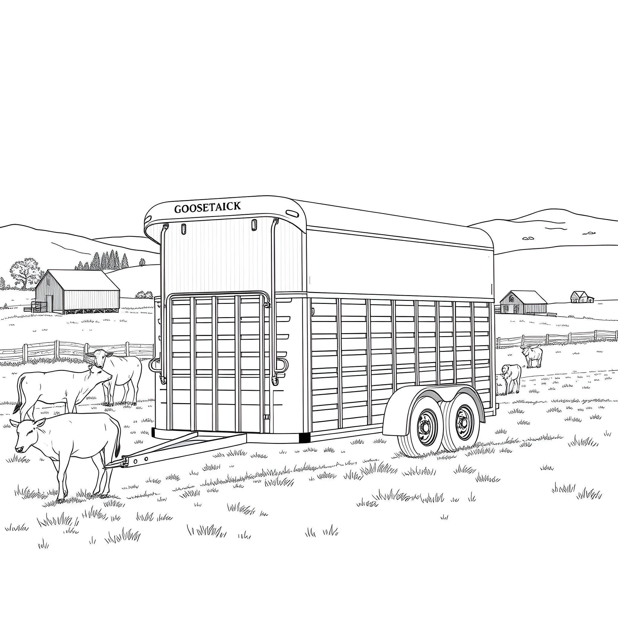 Gooseneck Trailer Transporting Farm Animals on Rural Landscape Coloring Page (free black-and-white line drawing printable PDF for all, from beginners to advanced learners, including children, teens, adults, and seniors)