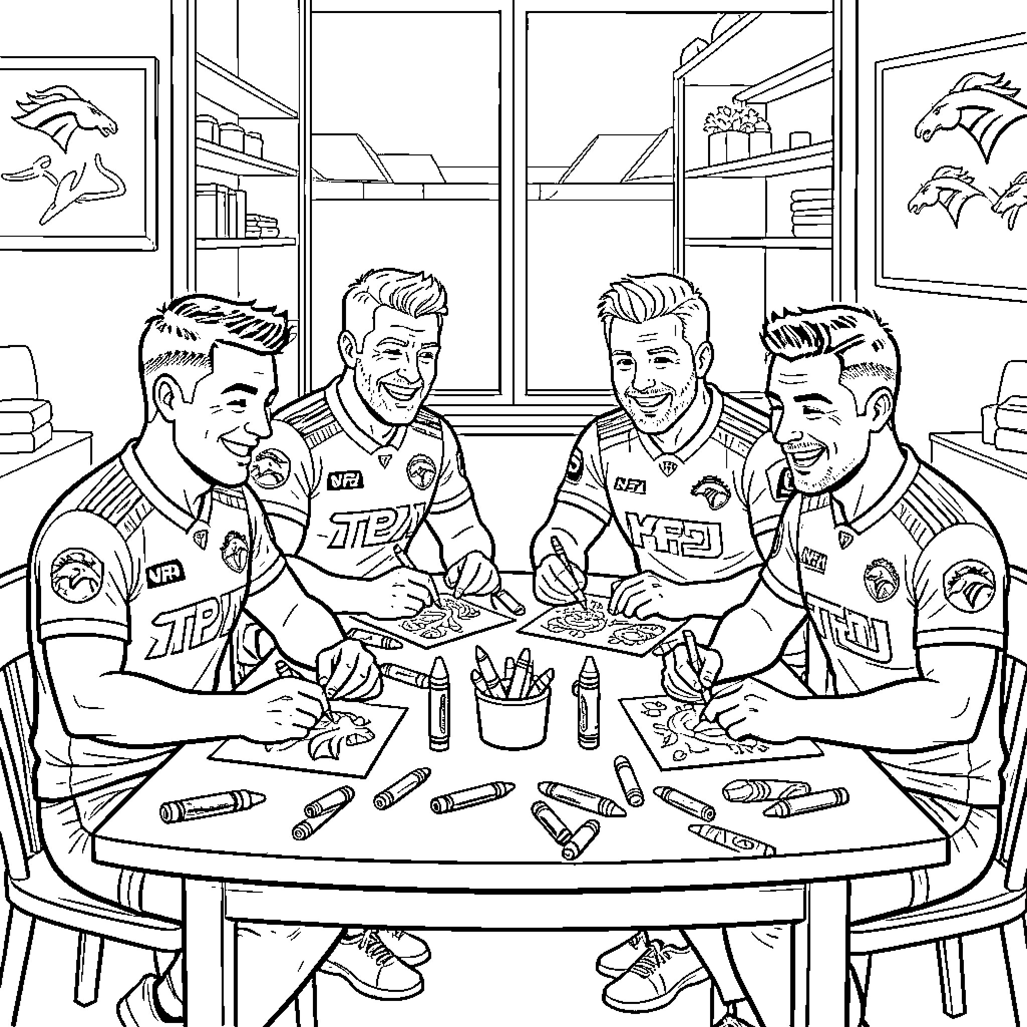 Broncos players sitting together and drawing at a table Coloring Page (free black-and-white line drawing printable PDF for all, from beginners to advanced learners, including children, teens, adults, and seniors)