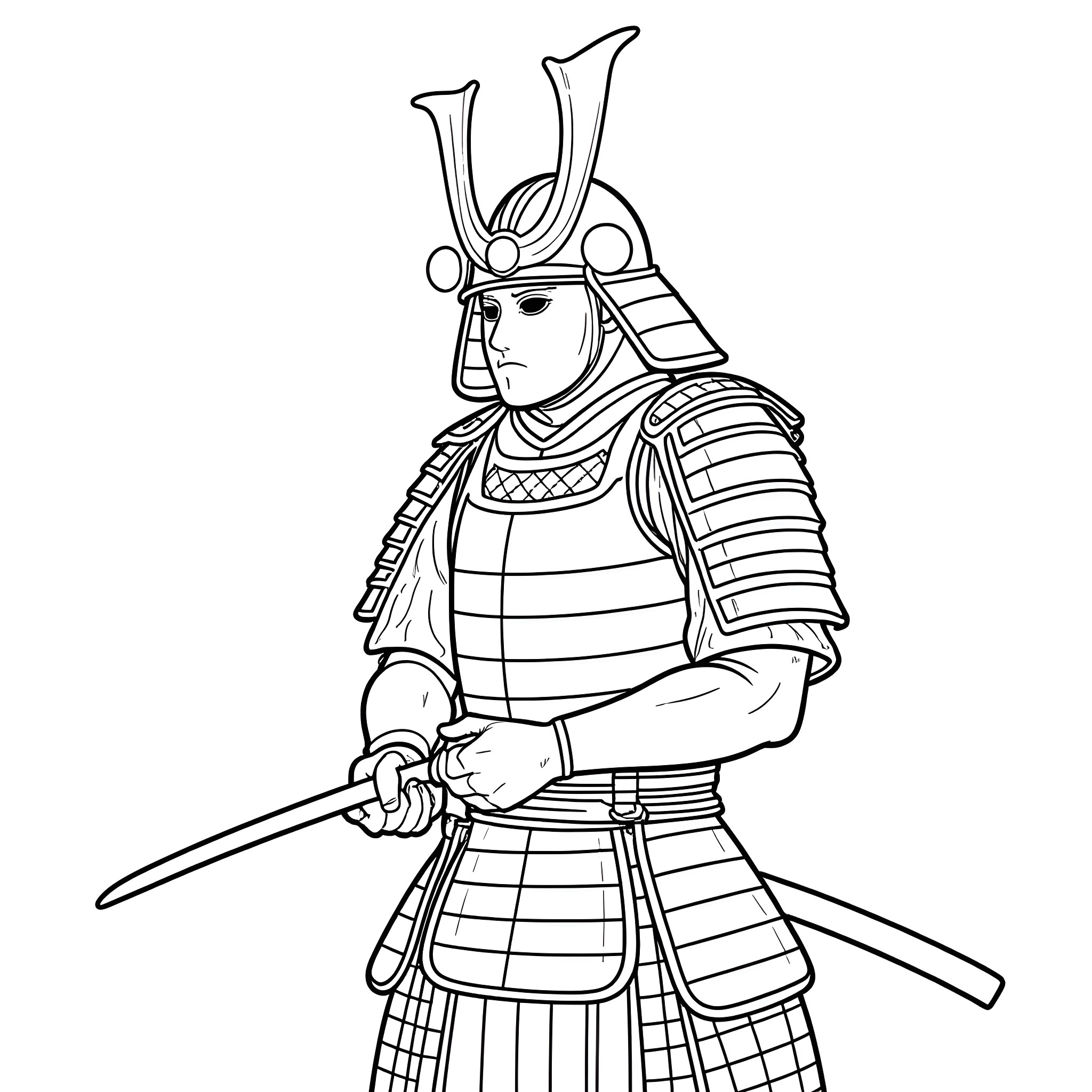 Samurai warrior in traditional armor and helmet Coloring Page (free black-and-white line drawing printable PDF for all, from beginners to advanced learners, including children, teens, adults, and seniors)