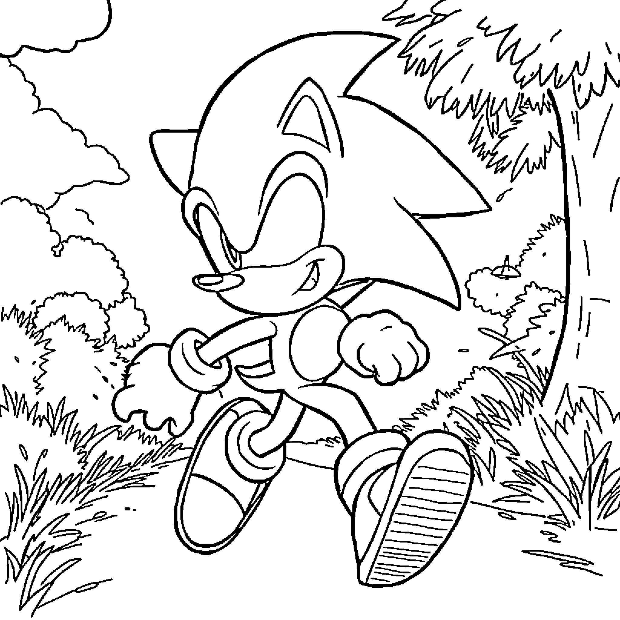Sonic the Hedgehog running swiftly through the forest Coloring Page (free black-and-white line drawing printable PDF for all, from beginners to advanced learners, including children, teens, adults, and seniors)