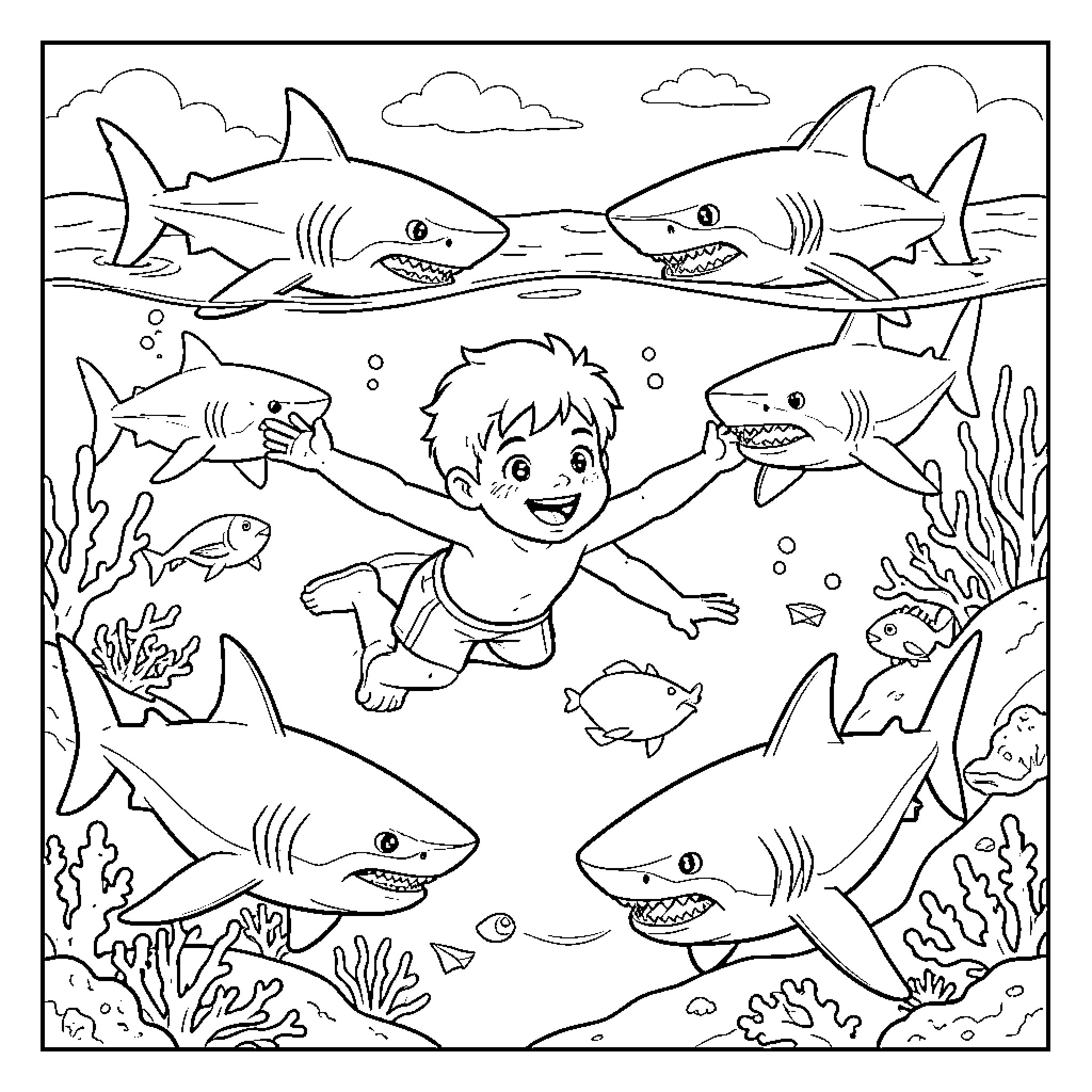 Shark adventure with a young swimmer Coloring Page (free black-and-white line drawing printable PDF for all, from beginners to advanced learners, including children, teens, adults, and seniors)