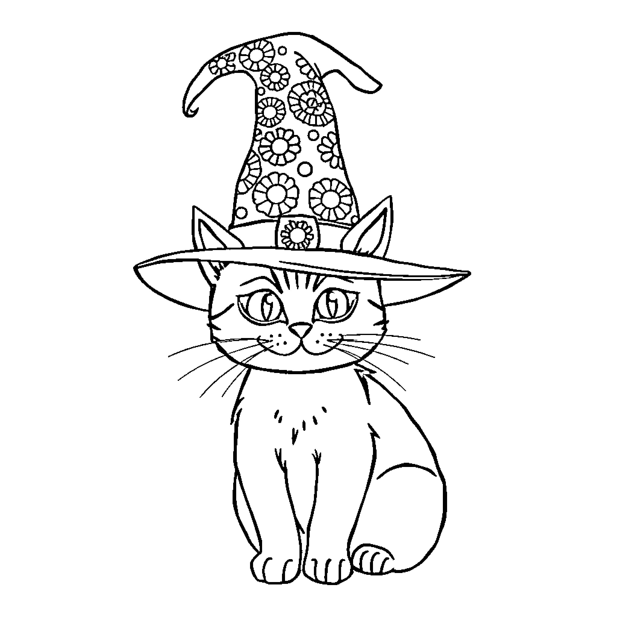 Cat wearing whimsical witch hat Coloring Page (free black-and-white line drawing printable PDF for all, from beginners to advanced learners, including children, teens, adults, and seniors)