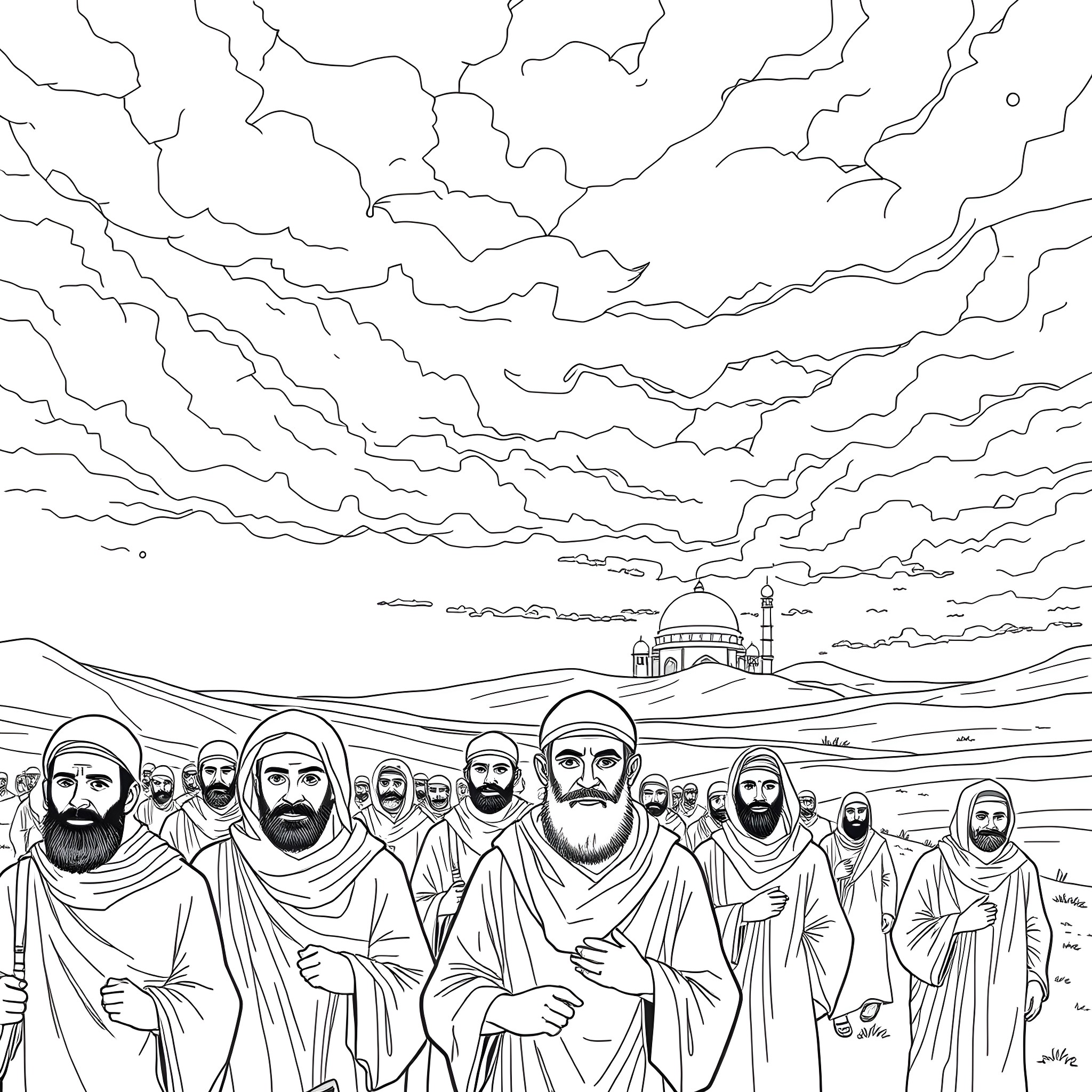 Muharram gathering of worshippers in the desert landscape Coloring Page (free black-and-white line drawing printable PDF for all, from beginners to advanced learners, including children, teens, adults, and seniors)
