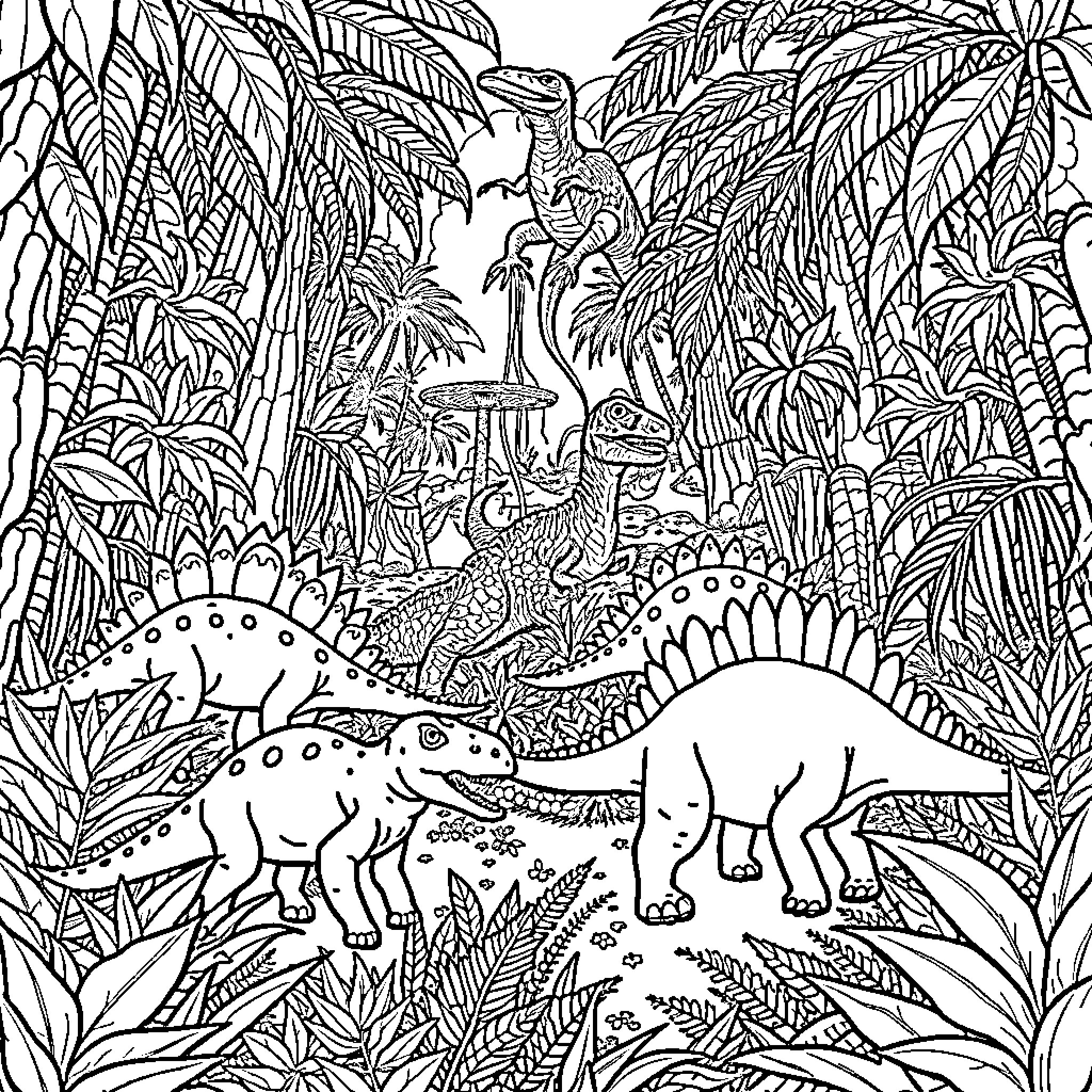 Dinosaur Roaming Through the Lush Prehistoric Landscape Coloring Page (free black-and-white line drawing printable PDF for all, from beginners to advanced learners, including children, teens, adults, and seniors)