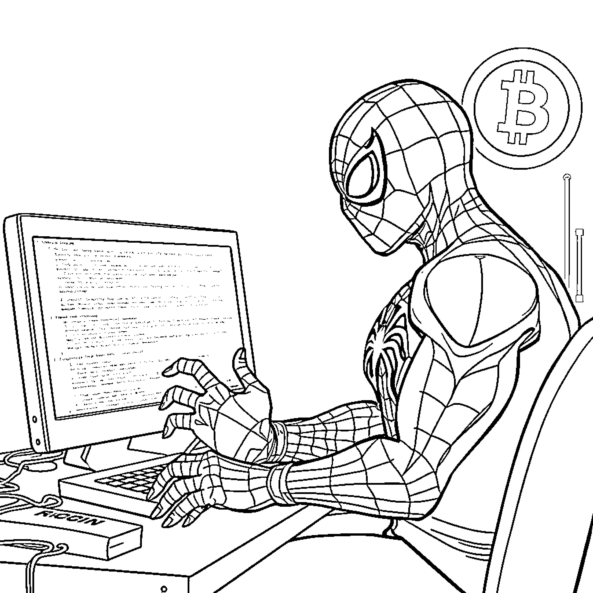 Spiderman working on computer with bitcoin icon Coloring Page (free black-and-white line drawing printable PDF for all, from beginners to advanced learners, including children, teens, adults, and seniors)
