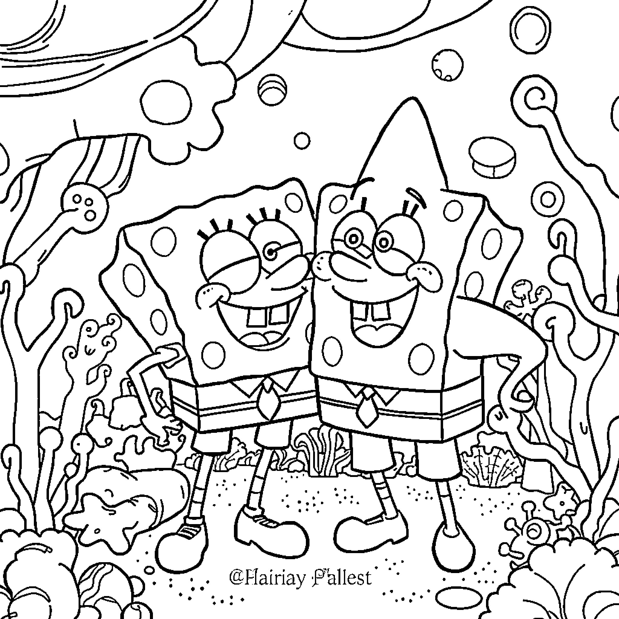 Spongebob and Patrick in an underwater adventure Coloring Page (free black-and-white line drawing printable PDF for all, from beginners to advanced learners, including children, teens, adults, and seniors)