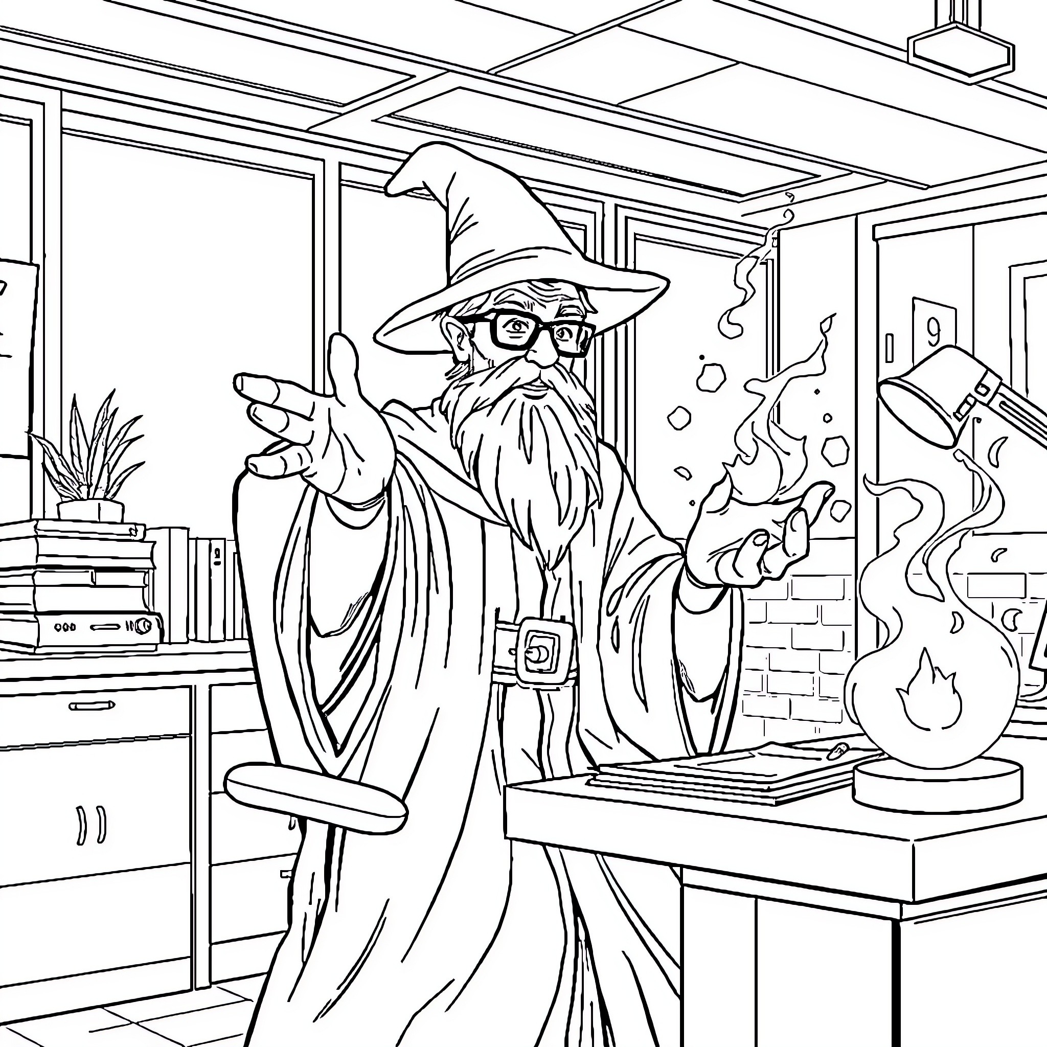 Wizard conducting experiments in magical study Coloring Page (free black-and-white line drawing printable PDF for all, from beginners to advanced learners, including children, teens, adults, and seniors)