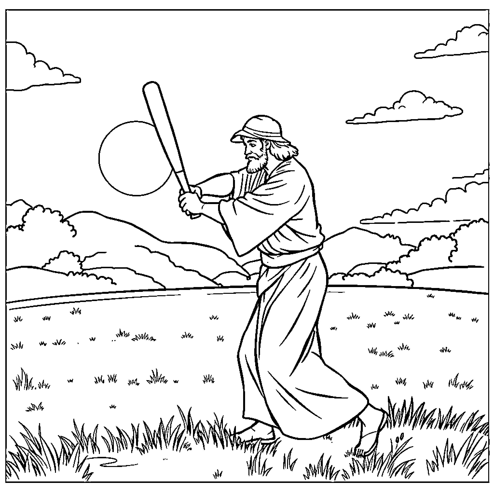 Jesus the carpenter working in the countryside Coloring Page (free black-and-white line drawing printable PDF for all, from beginners to advanced learners, including children, teens, adults, and seniors)