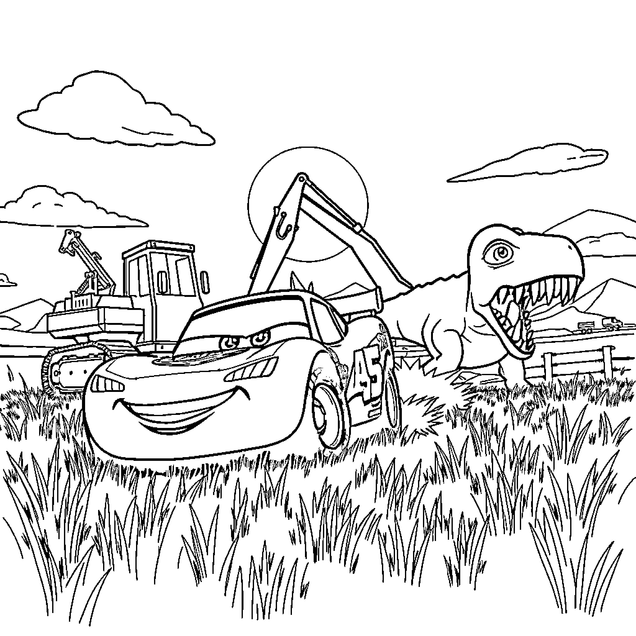 Excavator and Dinosaur Encounter in the Countryside Coloring Page (free black-and-white line drawing printable PDF for all, from beginners to advanced learners, including children, teens, adults, and seniors)