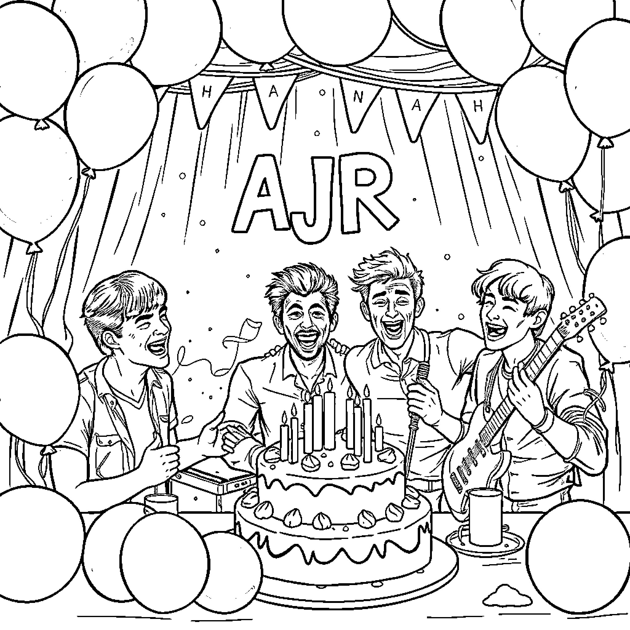 AJR Band Members Celebrate with Balloons and Cake Coloring Page (free black-and-white line drawing printable PDF for all, from beginners to advanced learners, including children, teens, adults, and seniors)
