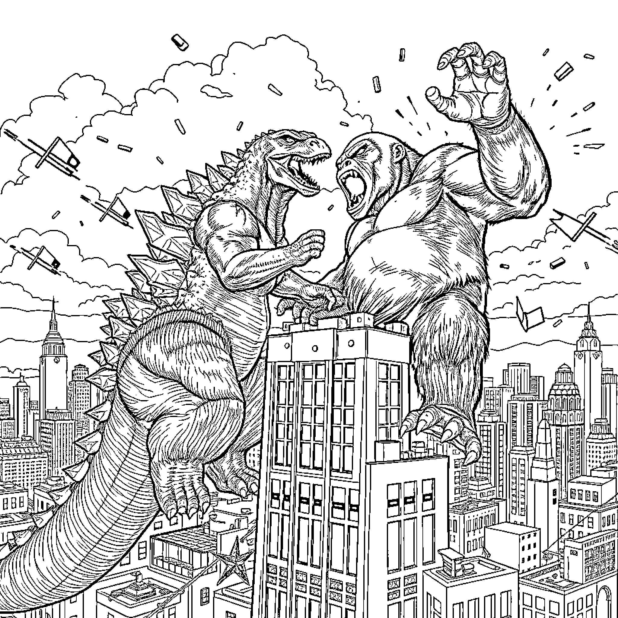 Godzilla and Kong battling in the city Coloring Page (free black-and-white line drawing printable PDF for all, from beginners to advanced learners, including children, teens, adults, and seniors)