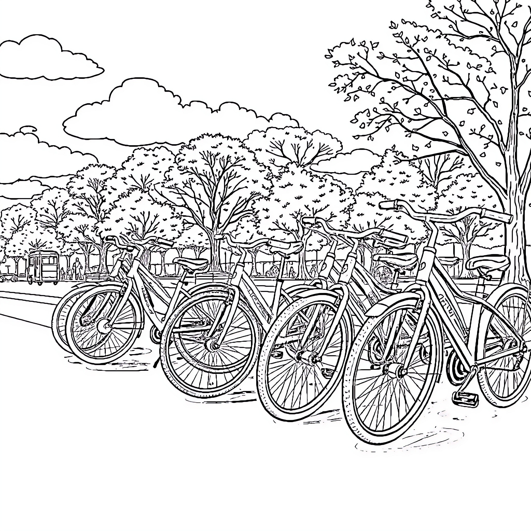 Bike Ride Through Lush Outdoor Scenery Coloring Page (free black-and-white line drawing printable PDF for all, from beginners to advanced learners, including children, teens, adults, and seniors)