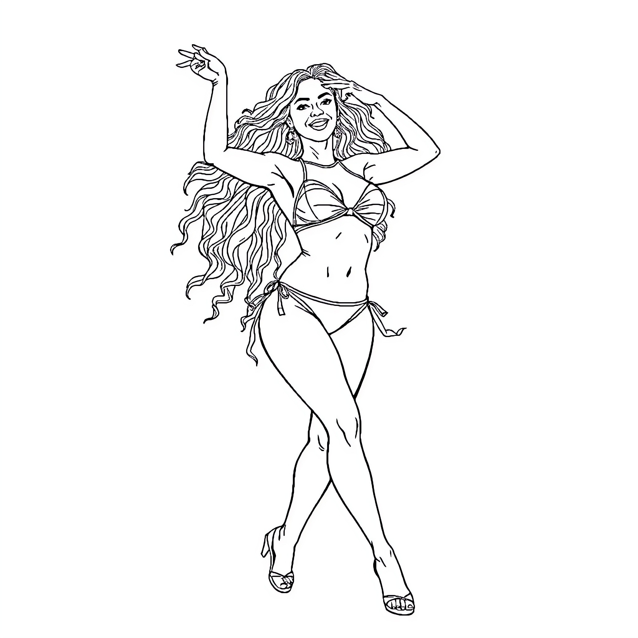 Beyonce striking a confident pose in a stylish swimsuit Coloring Page (free black-and-white line drawing printable PDF for all, from beginners to advanced learners, including children, teens, adults, and seniors)