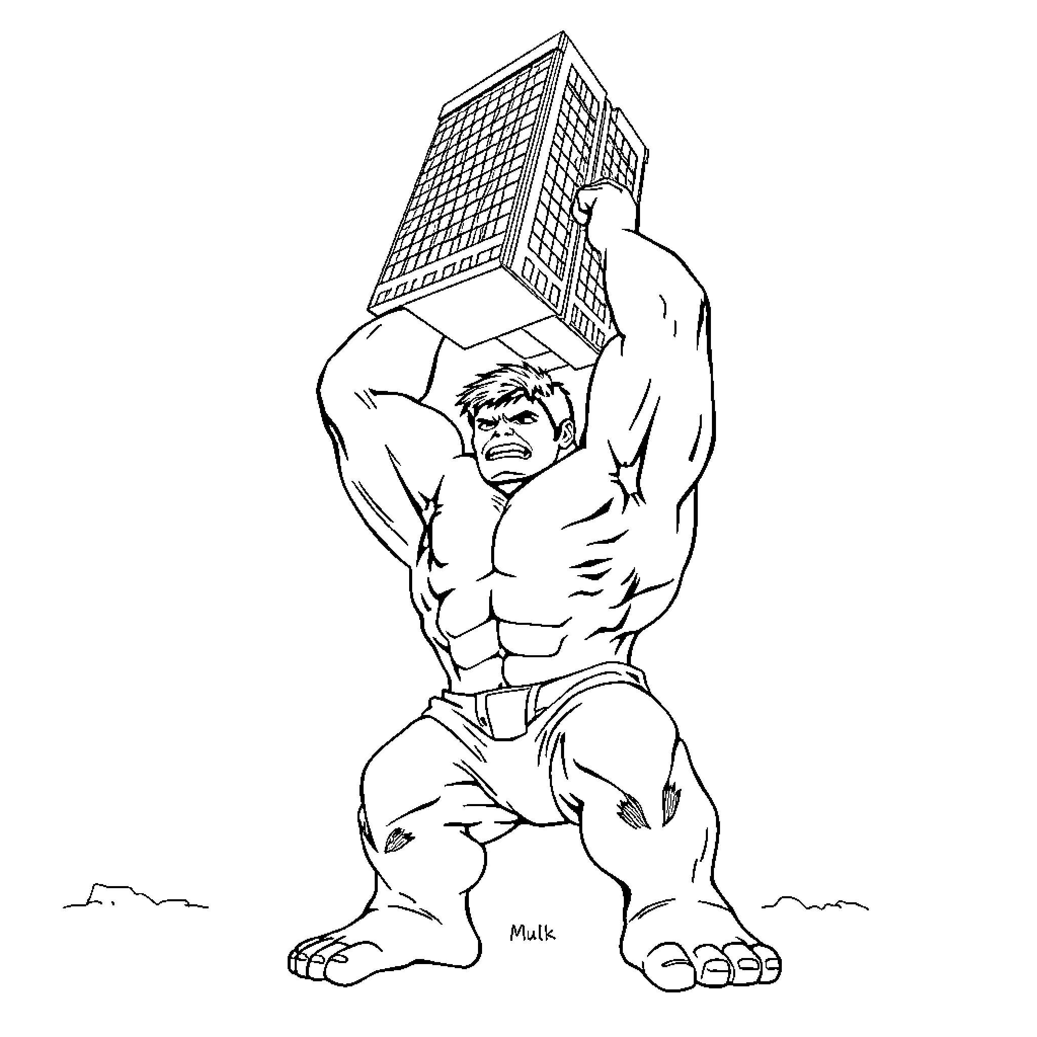 Hulk lifting and holding a large object Coloring Page (free black-and-white line drawing printable PDF for all, from beginners to advanced learners, including children, teens, adults, and seniors)