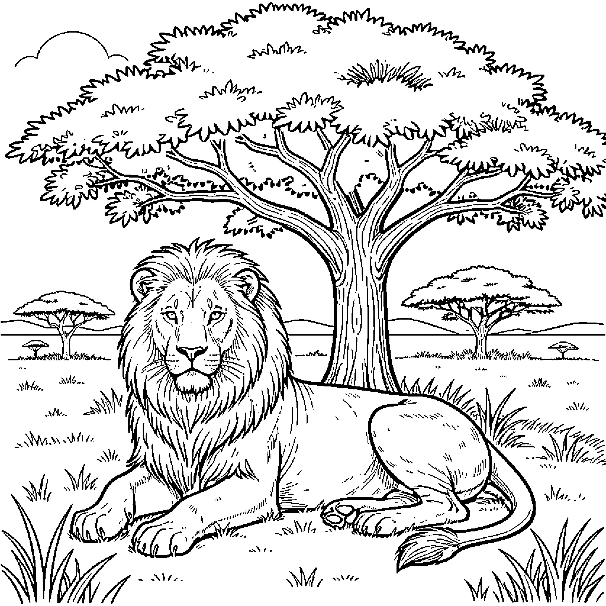 Lion in the African Savanna Coloring Page (free black-and-white line drawing printable PDF for all, from beginners to advanced learners, including children, teens, adults, and seniors)