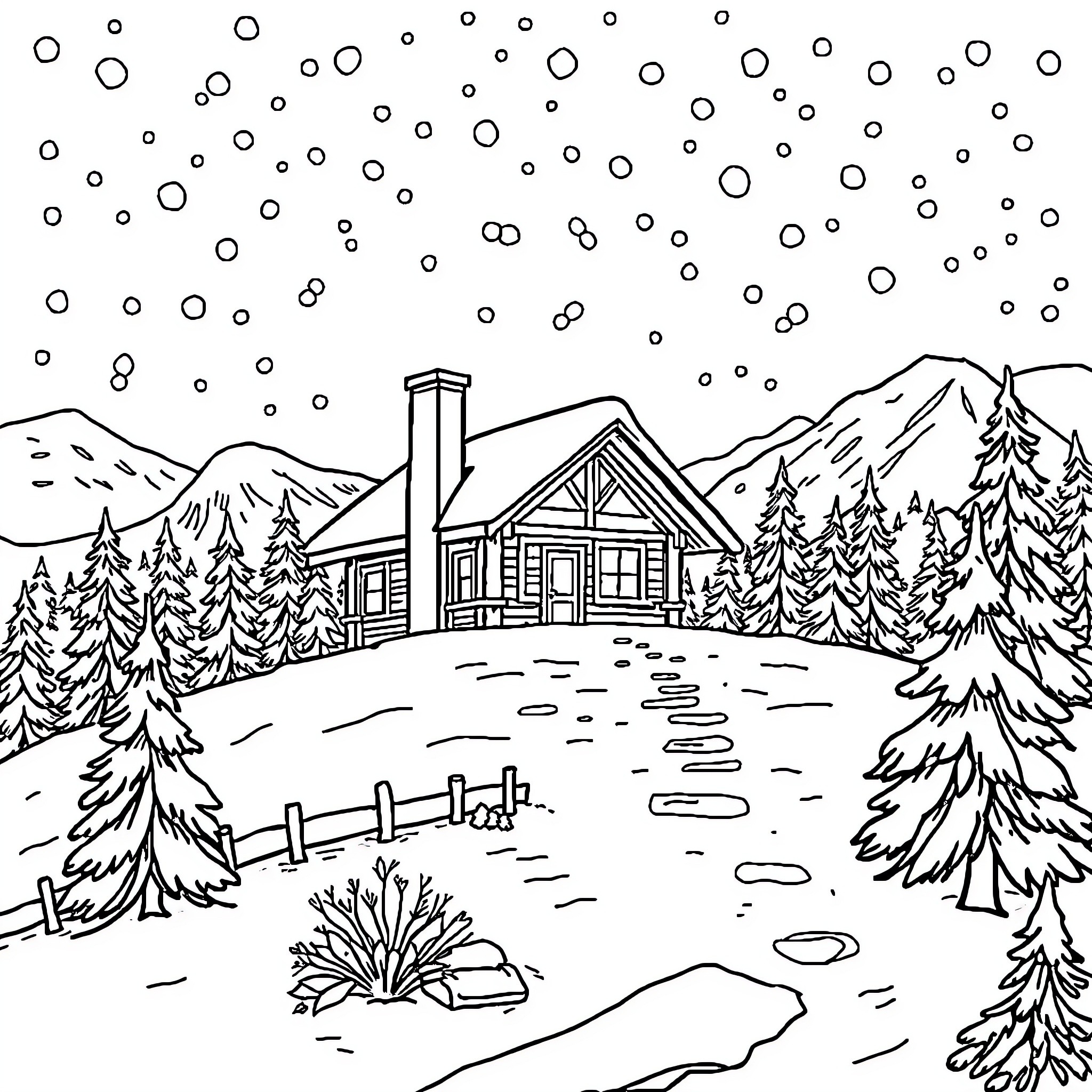 Cabin in the Snowy Landscape Coloring Page (free black-and-white line drawing printable PDF for all, from beginners to advanced learners, including children, teens, adults, and seniors)