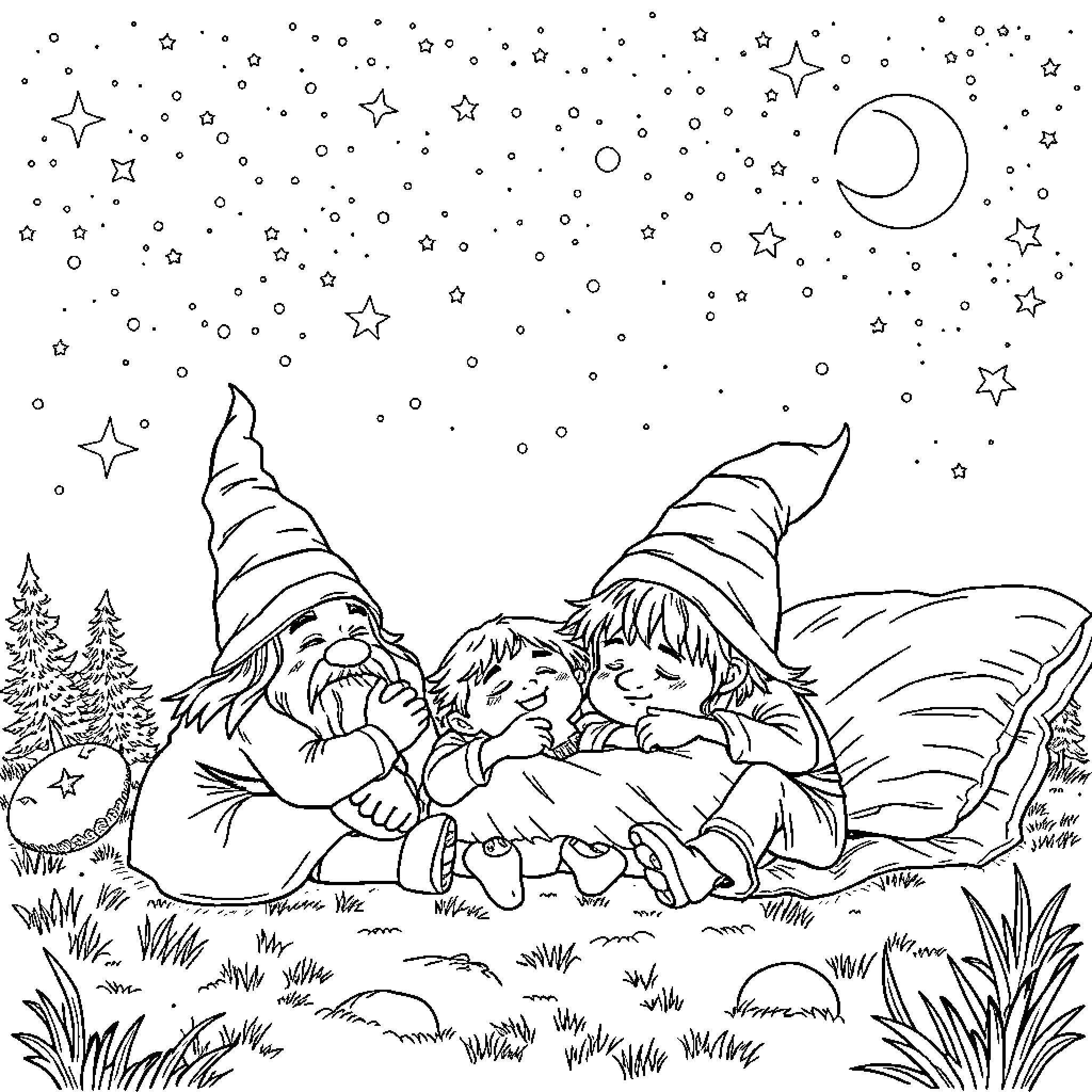Gnome friends enjoying a starry night in the woods Coloring Page (free black-and-white line drawing printable PDF for all, from beginners to advanced learners, including children, teens, adults, and seniors)