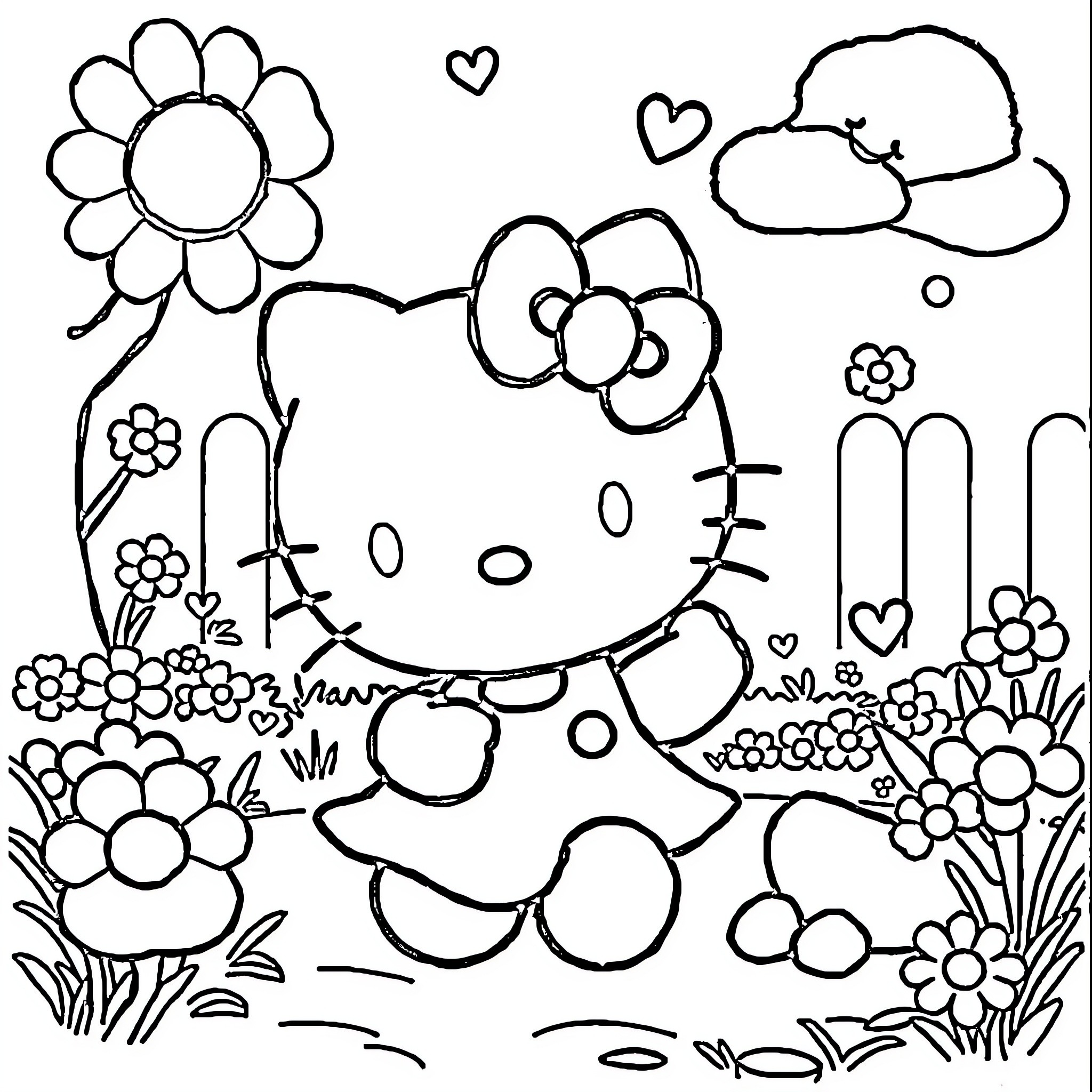 Hello Kitty enjoying a flowery meadow Coloring Page (free black-and-white line drawing printable PDF for all, from beginners to advanced learners, including children, teens, adults, and seniors)