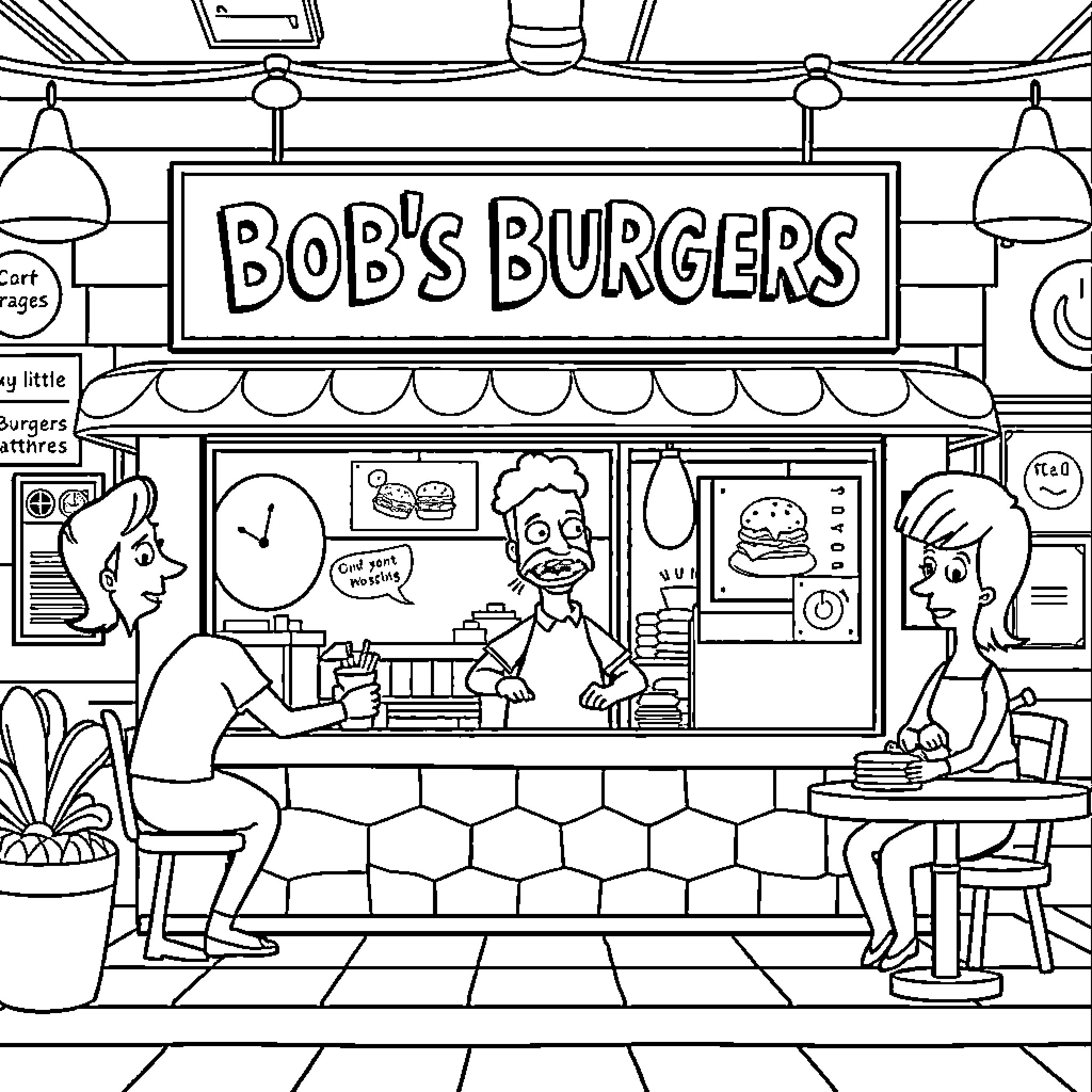 Bob's Burgers - Ordering burgers at the diner Coloring Page (free black-and-white line drawing printable PDF for all, from beginners to advanced learners, including children, teens, adults, and seniors)