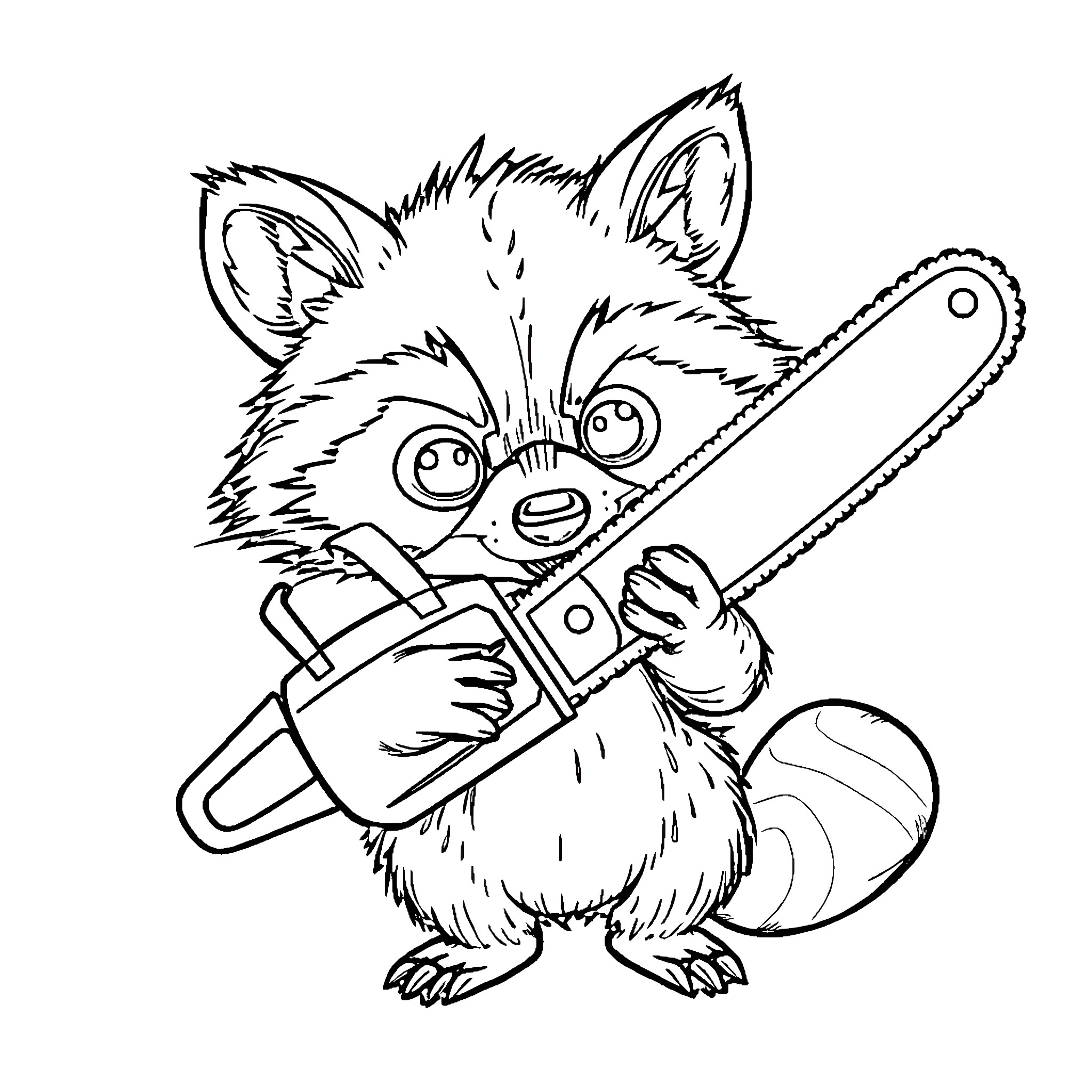 Raccoon holding a chainsaw with a determined expression Coloring Page (free black-and-white line drawing printable PDF for all, from beginners to advanced learners, including children, teens, adults, and seniors)