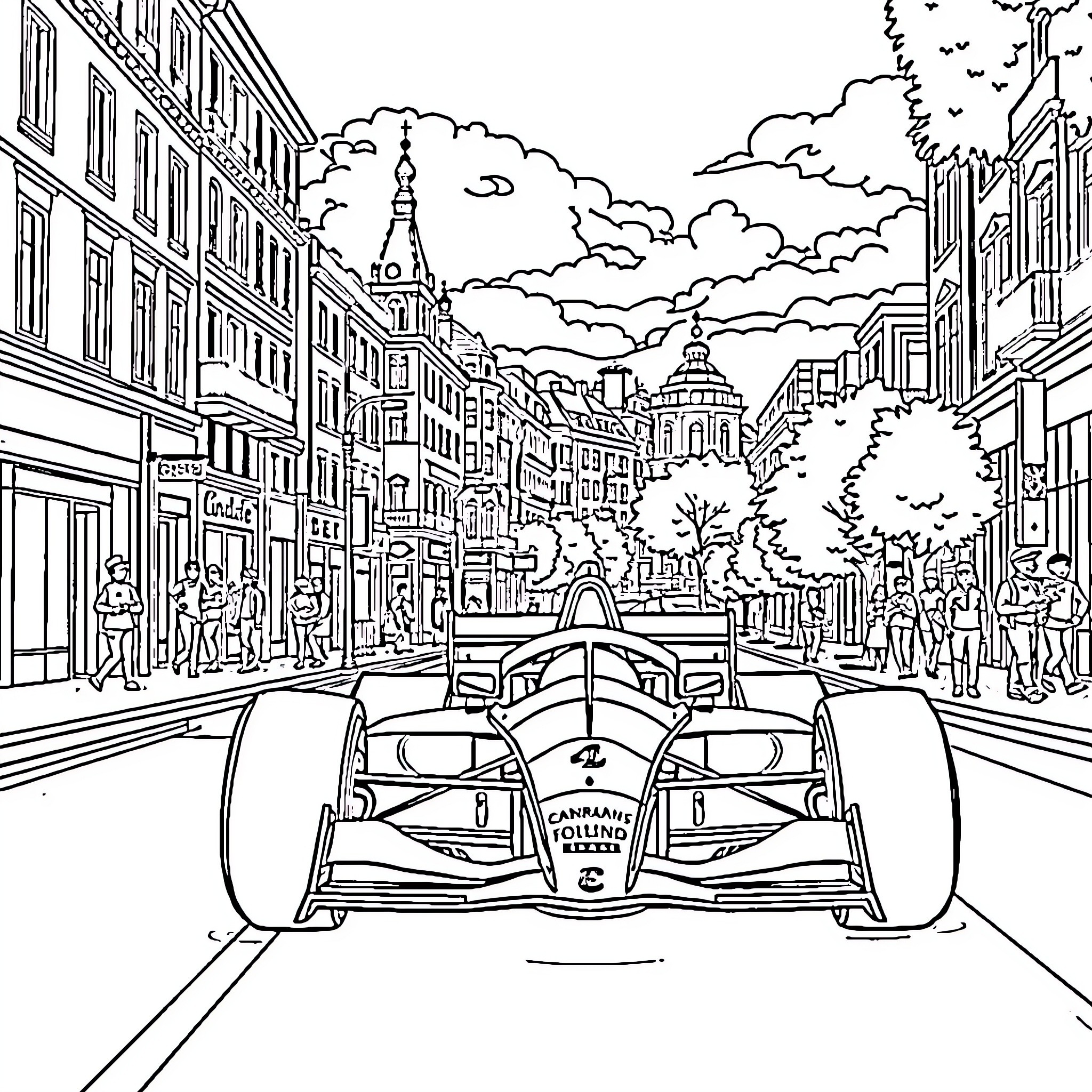Formula 1 Racing Through the City Streets Coloring Page (free black-and-white line drawing printable PDF for all, from beginners to advanced learners, including children, teens, adults, and seniors)