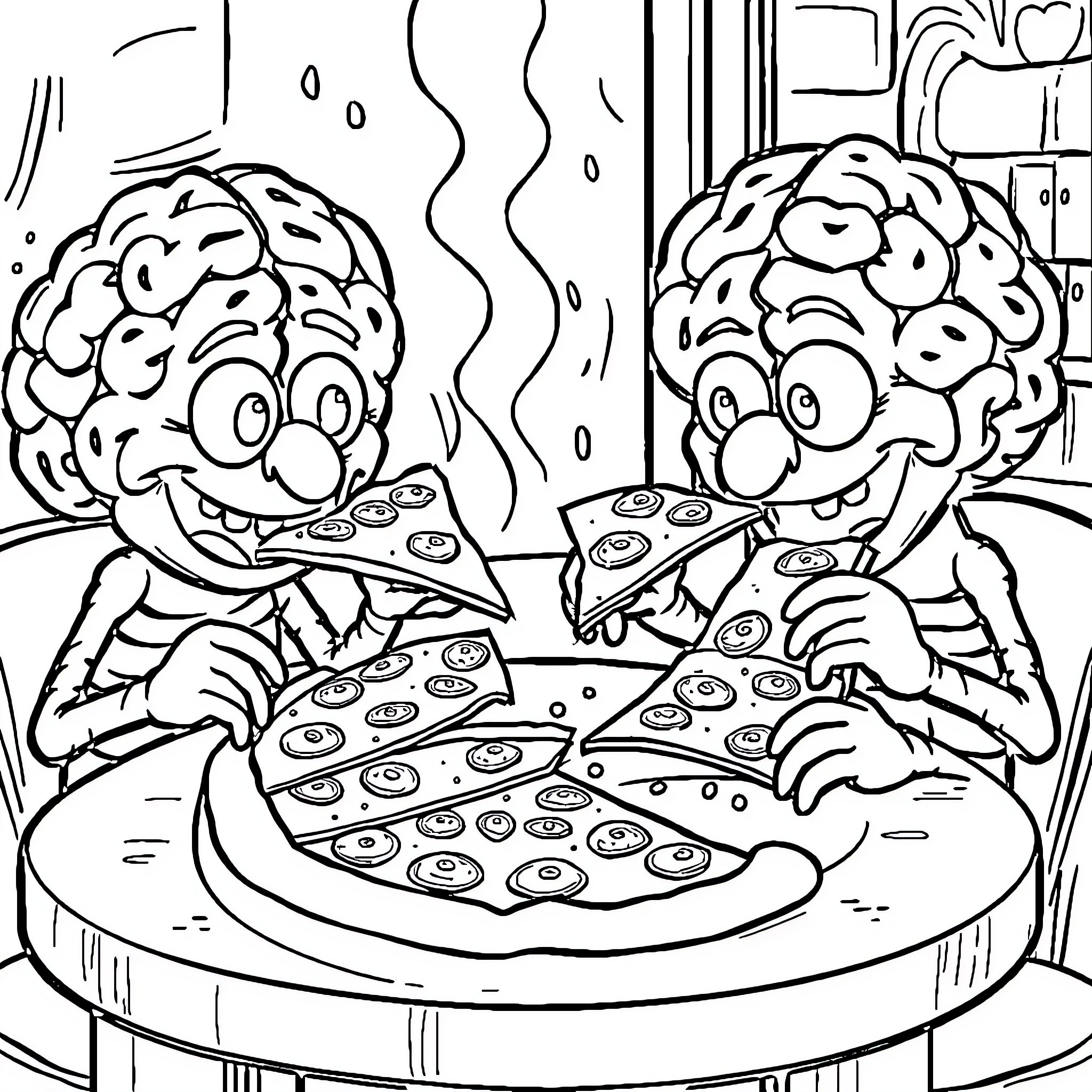 Brainrot: Zany brains enjoying pizza together Coloring Page (free black-and-white line drawing printable PDF for all, from beginners to advanced learners, including children, teens, adults, and seniors)