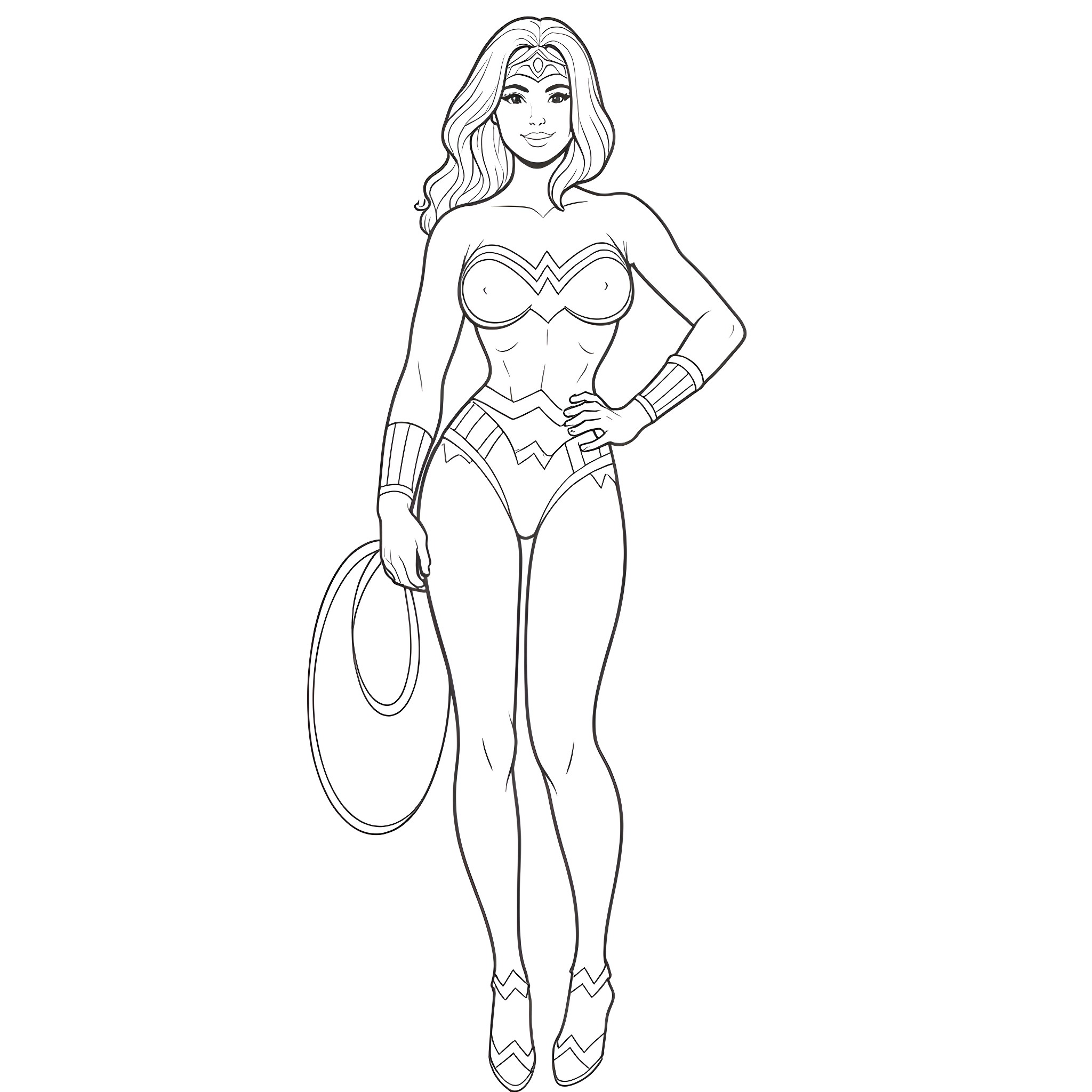 Wonder Woman striking a heroic pose Coloring Page (free black-and-white line drawing printable PDF for all, from beginners to advanced learners, including children, teens, adults, and seniors)