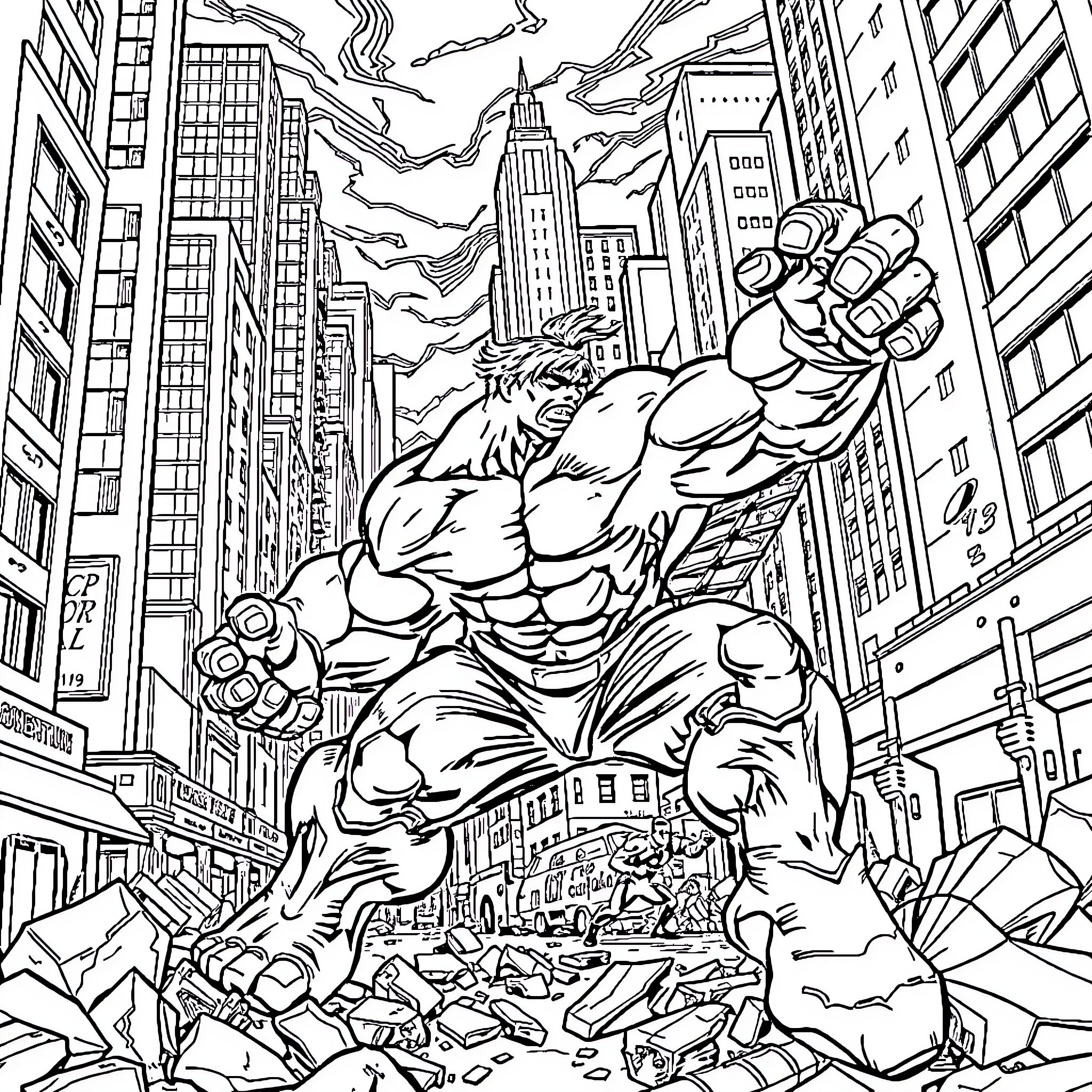 Hulk rampaging through the city landscape Coloring Page (free black-and-white line drawing printable PDF for all, from beginners to advanced learners, including children, teens, adults, and seniors)