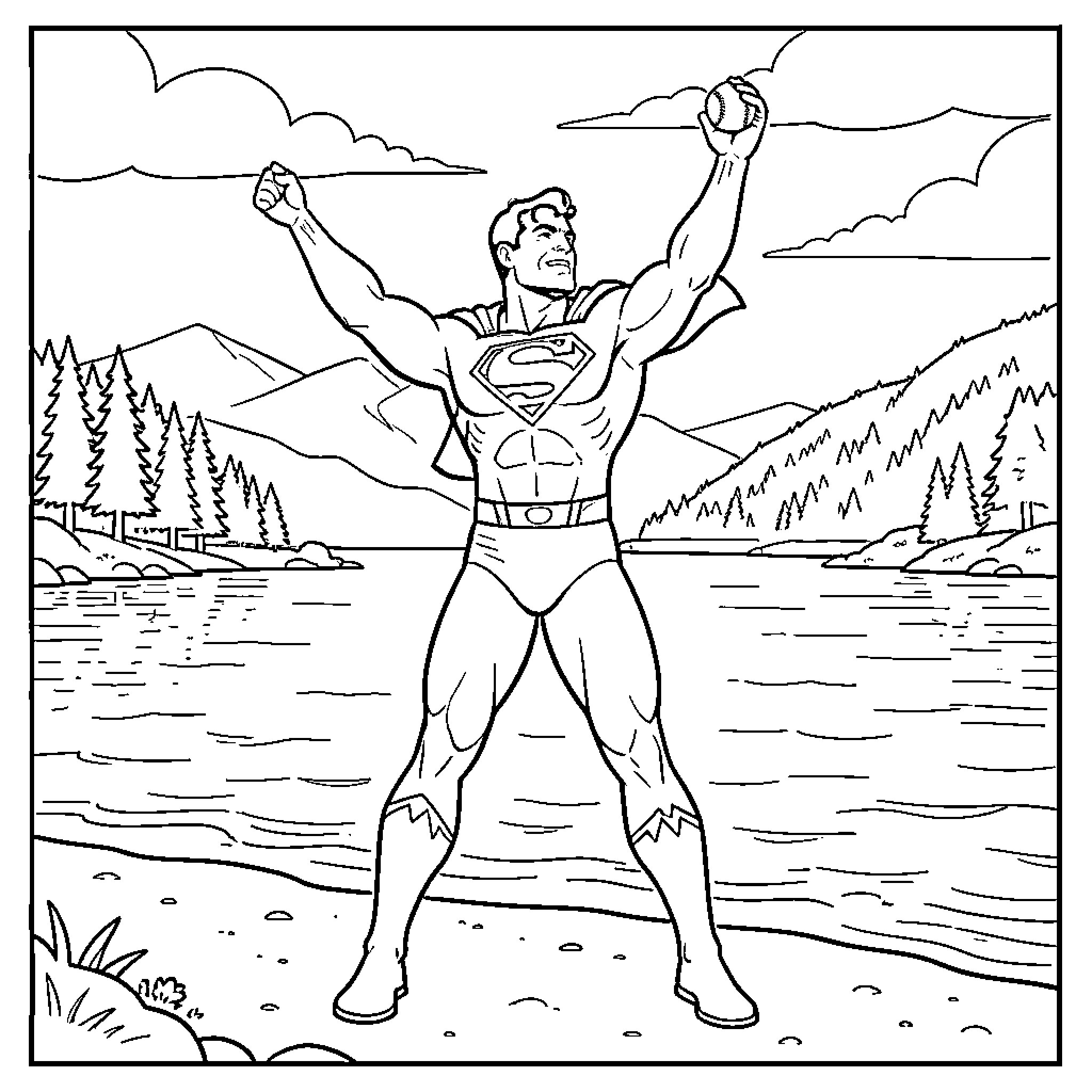 Superman standing heroically by a lakeside mountain landscape Coloring Page (free black-and-white line drawing printable PDF for all, from beginners to advanced learners, including children, teens, adults, and seniors)