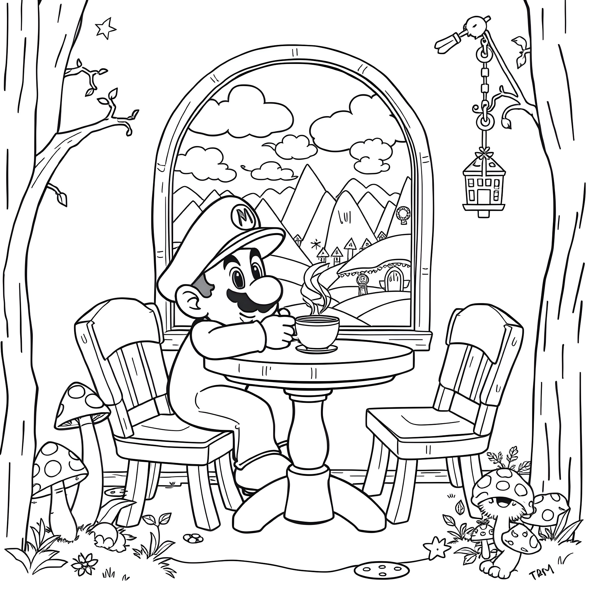 Mario Enjoying a Cup of Coffee in Scenic Nature Coloring Page (free black-and-white line drawing printable PDF for all, from beginners to advanced learners, including children, teens, adults, and seniors)