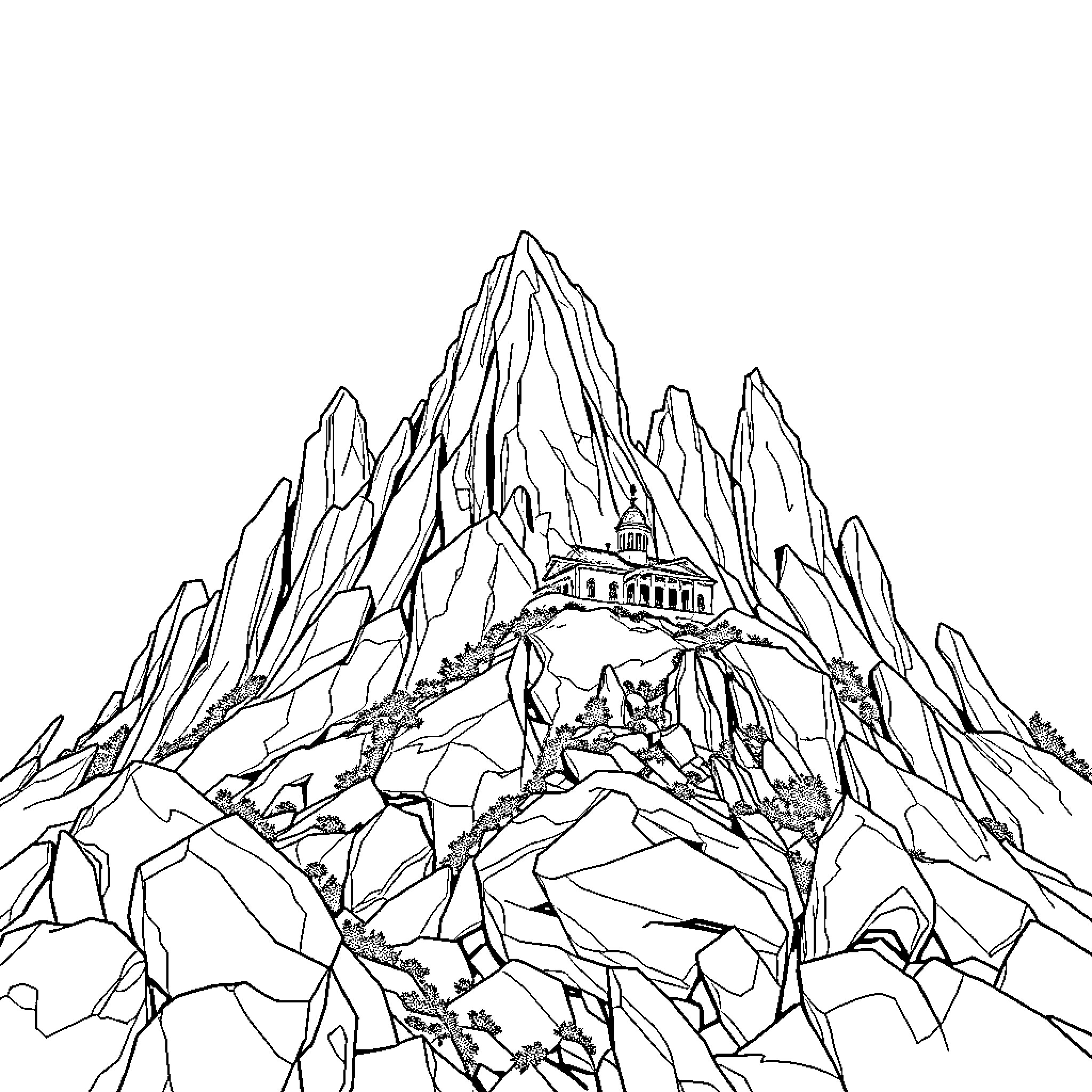 Rock formations with mountain temple Coloring Page (free black-and-white line drawing printable PDF for all, from beginners to advanced learners, including children, teens, adults, and seniors)
