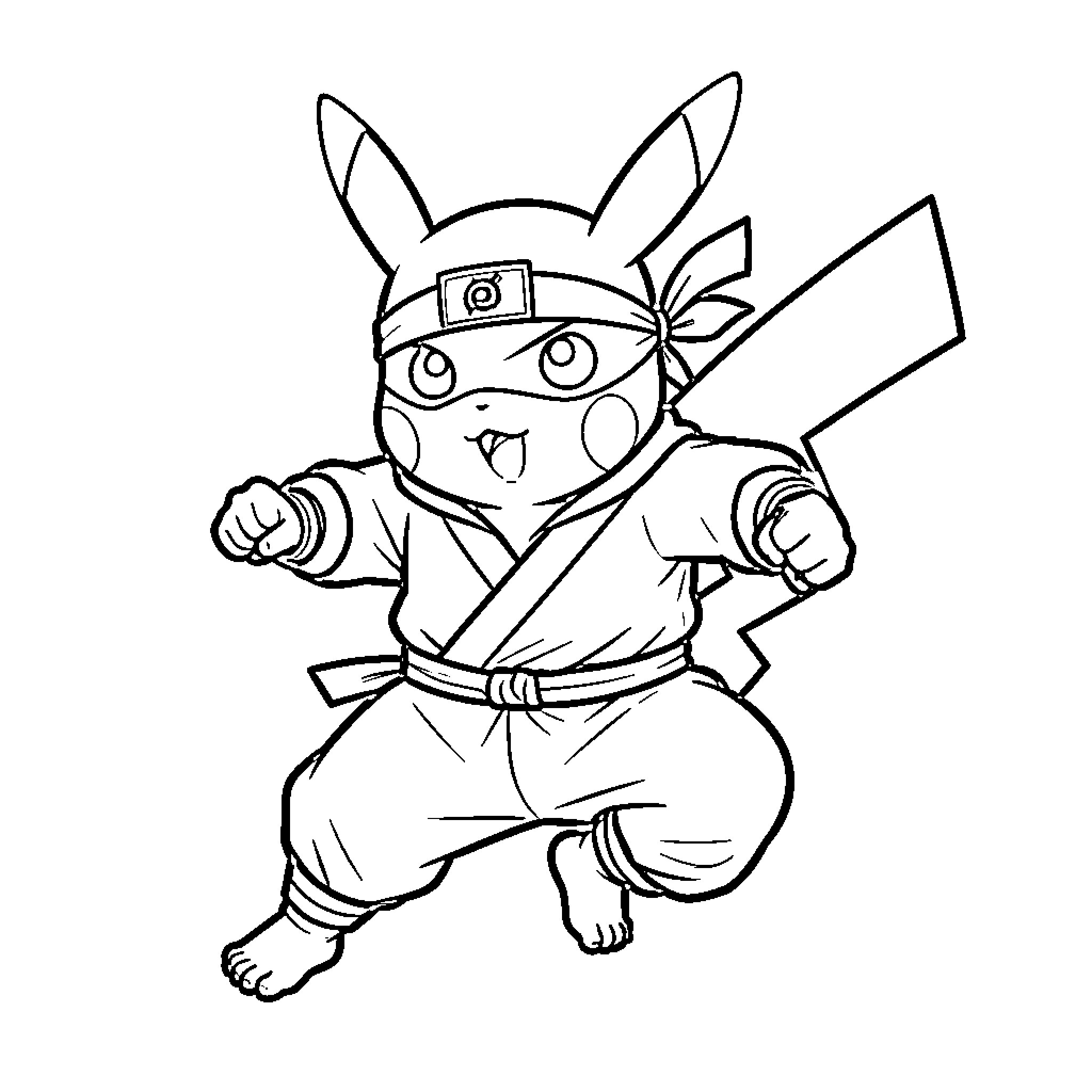 Pikachu wearing a ninja headband and fighting stance Coloring Page (free black-and-white line drawing printable PDF for all, from beginners to advanced learners, including children, teens, adults, and seniors)