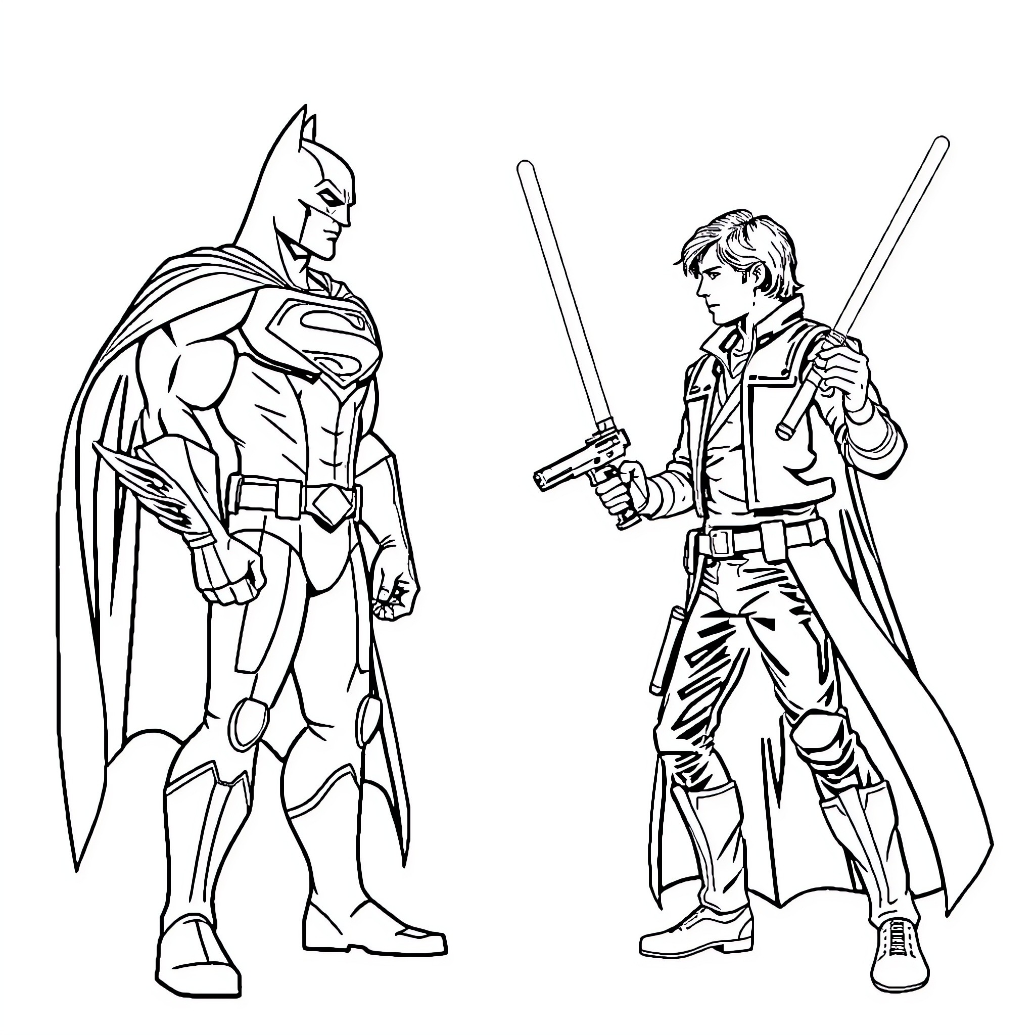 Superhero figures in action poses Coloring Page (free black-and-white line drawing printable PDF for all, from beginners to advanced learners, including children, teens, adults, and seniors)