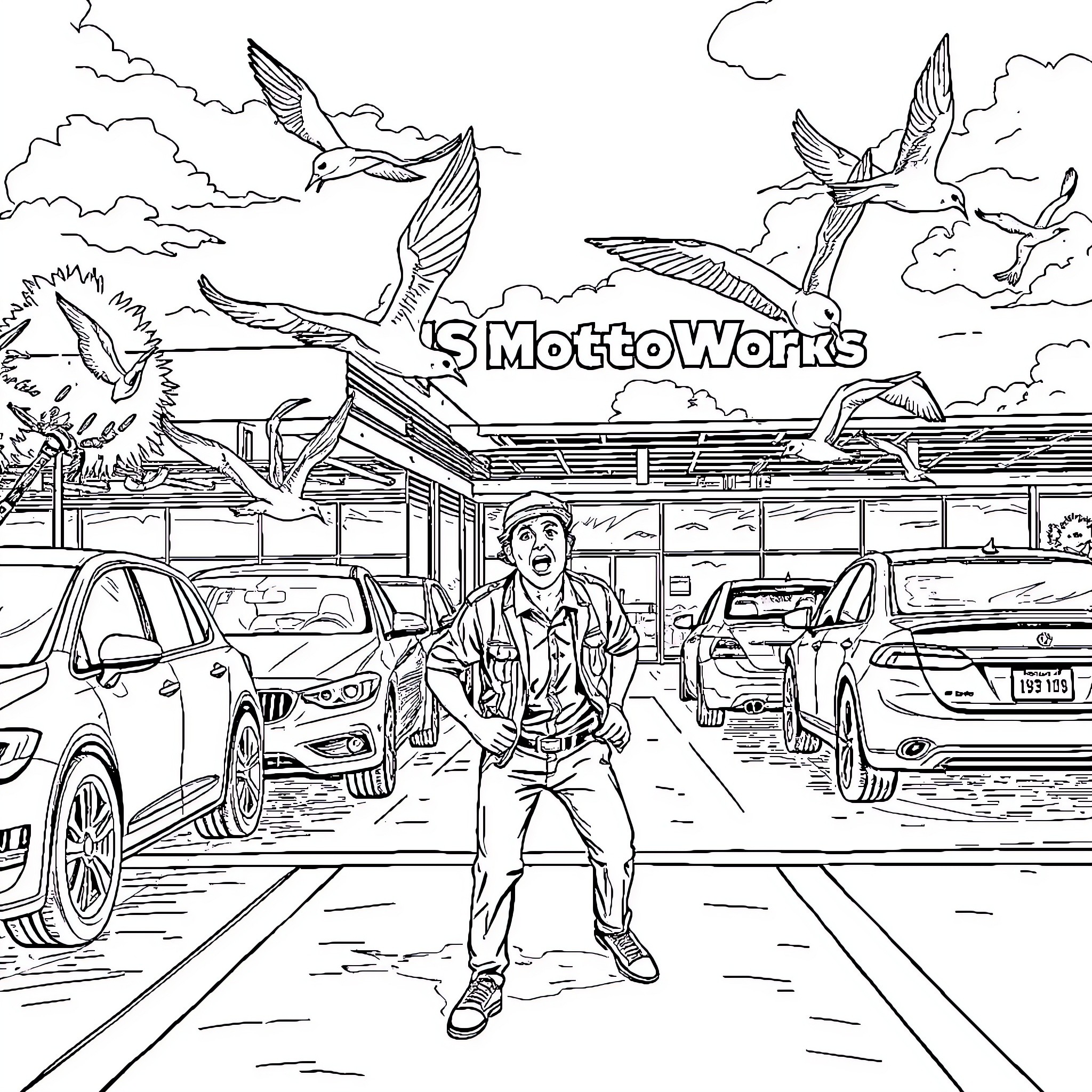 Bird flying over a car dealership Coloring Page (free black-and-white line drawing printable PDF for all, from beginners to advanced learners, including children, teens, adults, and seniors)