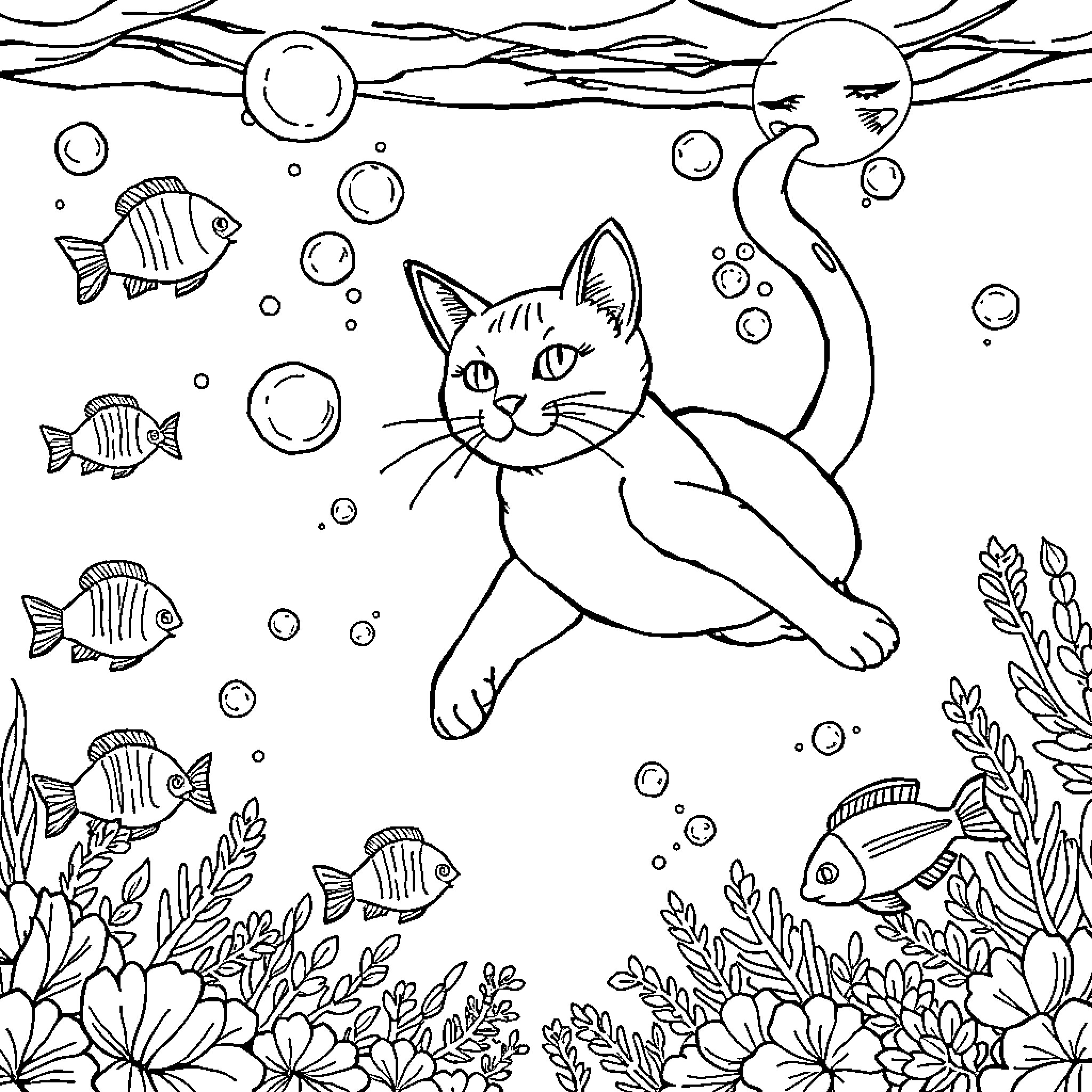Cat swimming in the underwater sea Coloring Page (free black-and-white line drawing printable PDF for all, from beginners to advanced learners, including children, teens, adults, and seniors)
