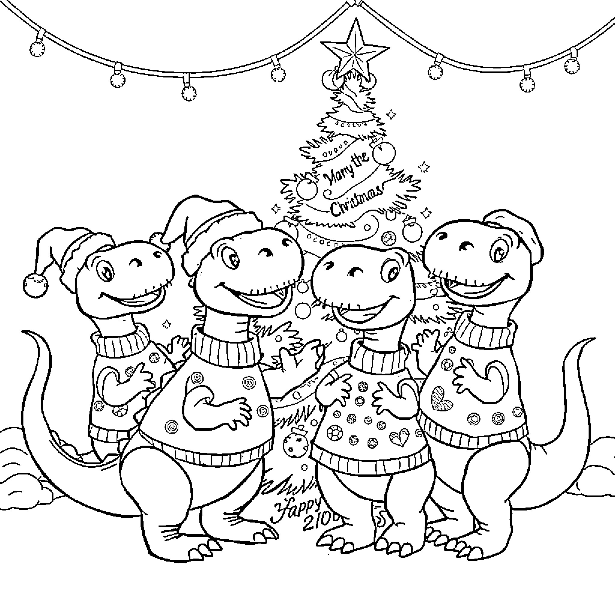 Dinosaurs Celebrating Christmas Together Coloring Page (free black-and-white line drawing printable PDF for all, from beginners to advanced learners, including children, teens, adults, and seniors)