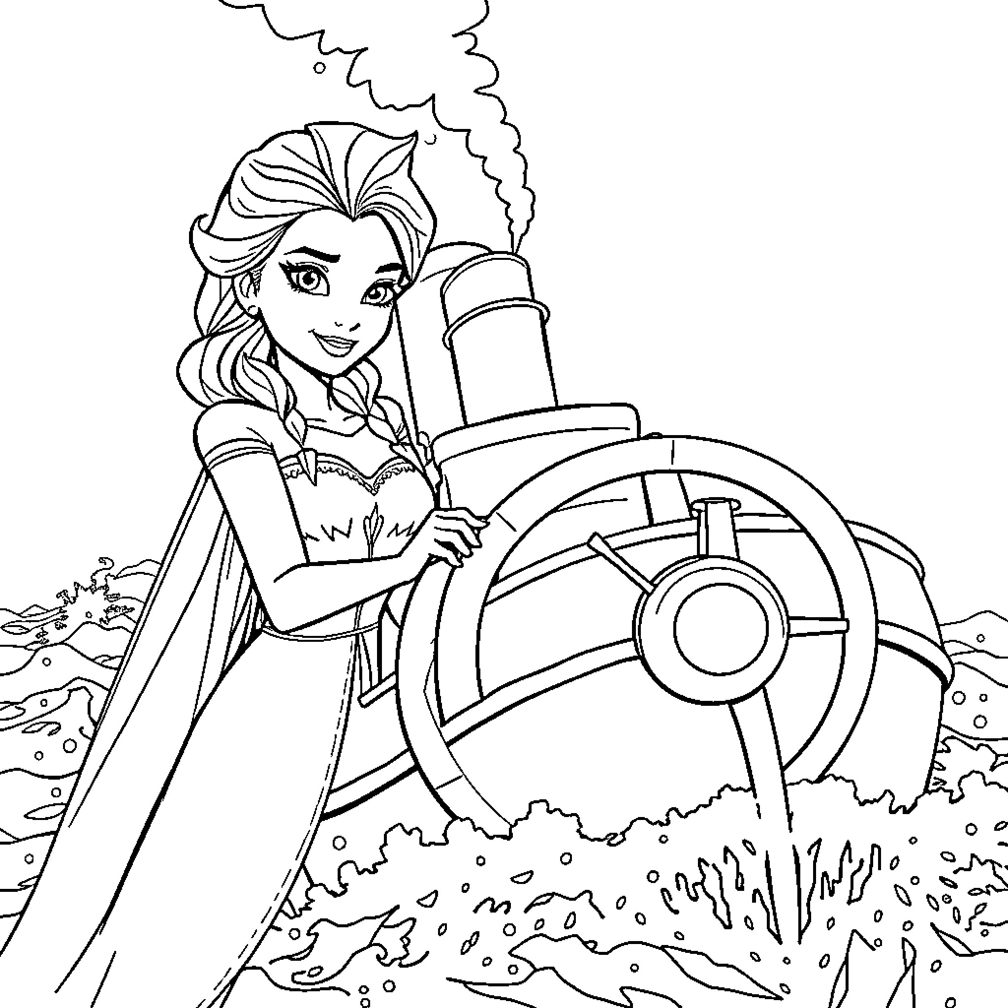 Elsa operating a steam-powered vehicle in nature Coloring Page (free black-and-white line drawing printable PDF for all, from beginners to advanced learners, including children, teens, adults, and seniors)
