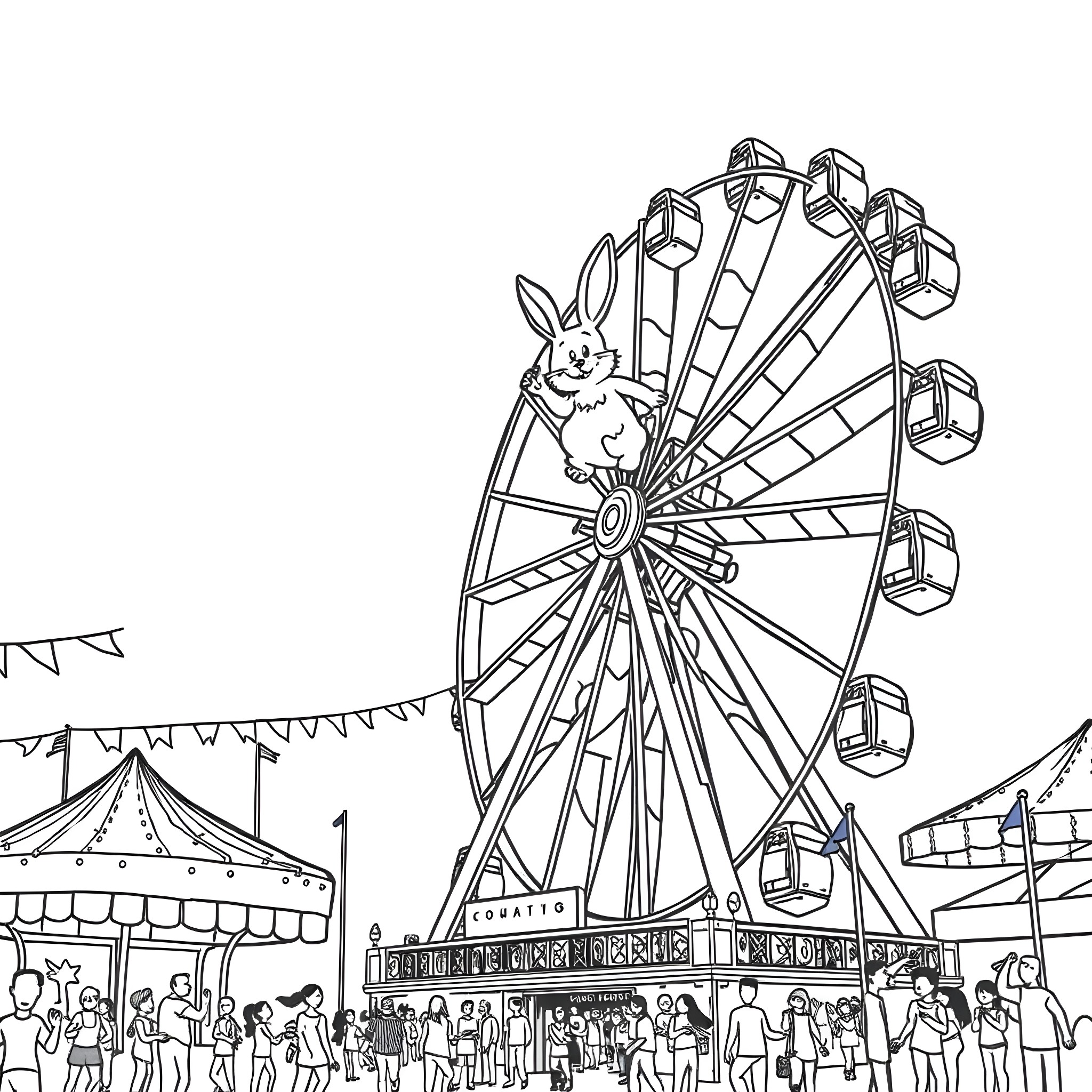 Bunny enjoying a carnival ride on the Ferris wheel Coloring Page (free black-and-white line drawing printable PDF for all, from beginners to advanced learners, including children, teens, adults, and seniors)