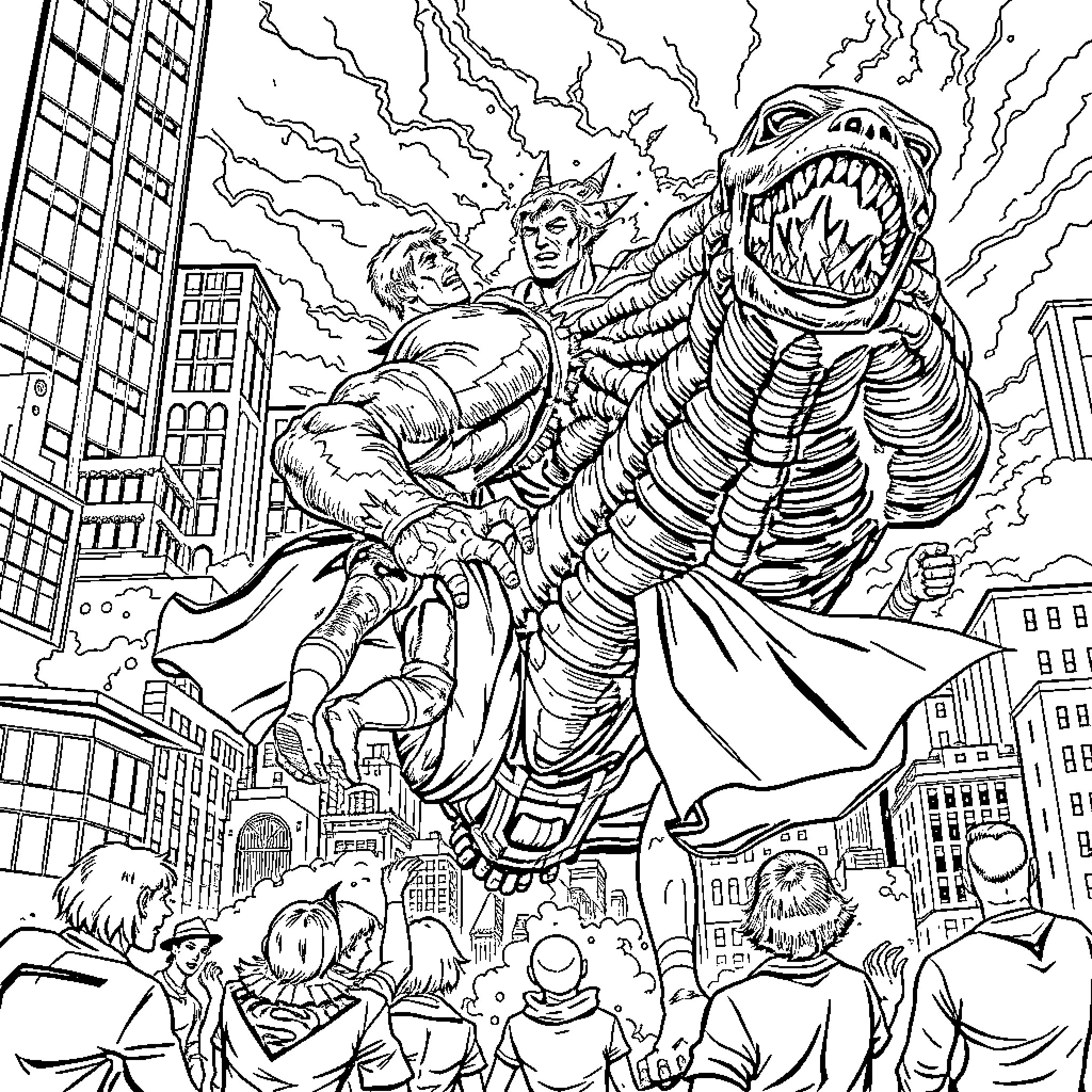Kaiju Chaos Amid the Cityscape Coloring Page (free black-and-white line drawing printable PDF for all, from beginners to advanced learners, including children, teens, adults, and seniors)