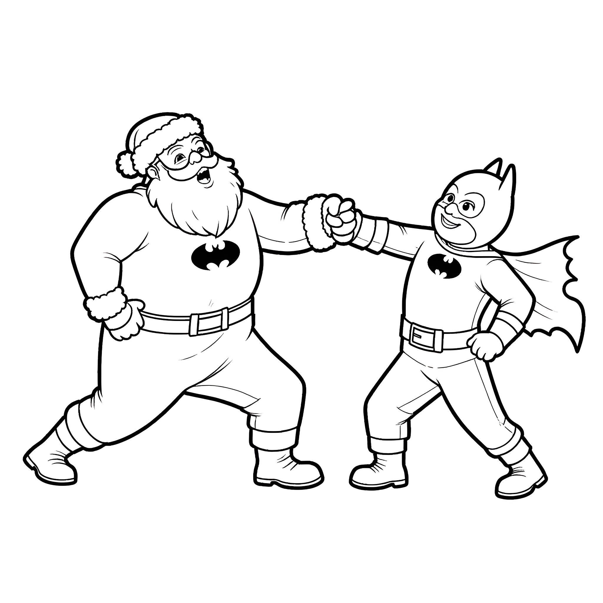 Santa and superhero duo in action Coloring Page (free black-and-white line drawing printable PDF for all, from beginners to advanced learners, including children, teens, adults, and seniors)