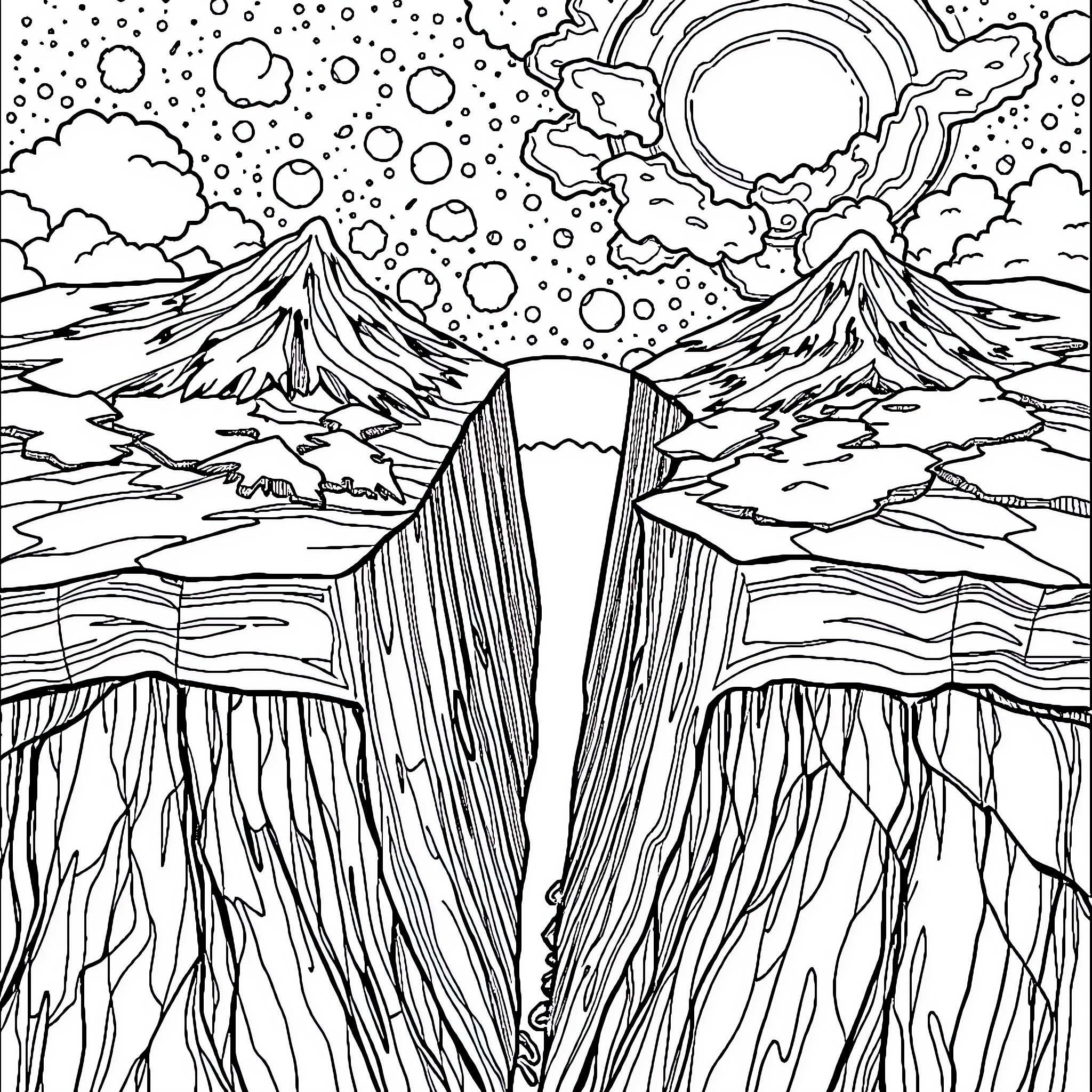Tectonic Plates Colliding in Dramatic Landscape Coloring Page (free black-and-white line drawing printable PDF for all, from beginners to advanced learners, including children, teens, adults, and seniors)