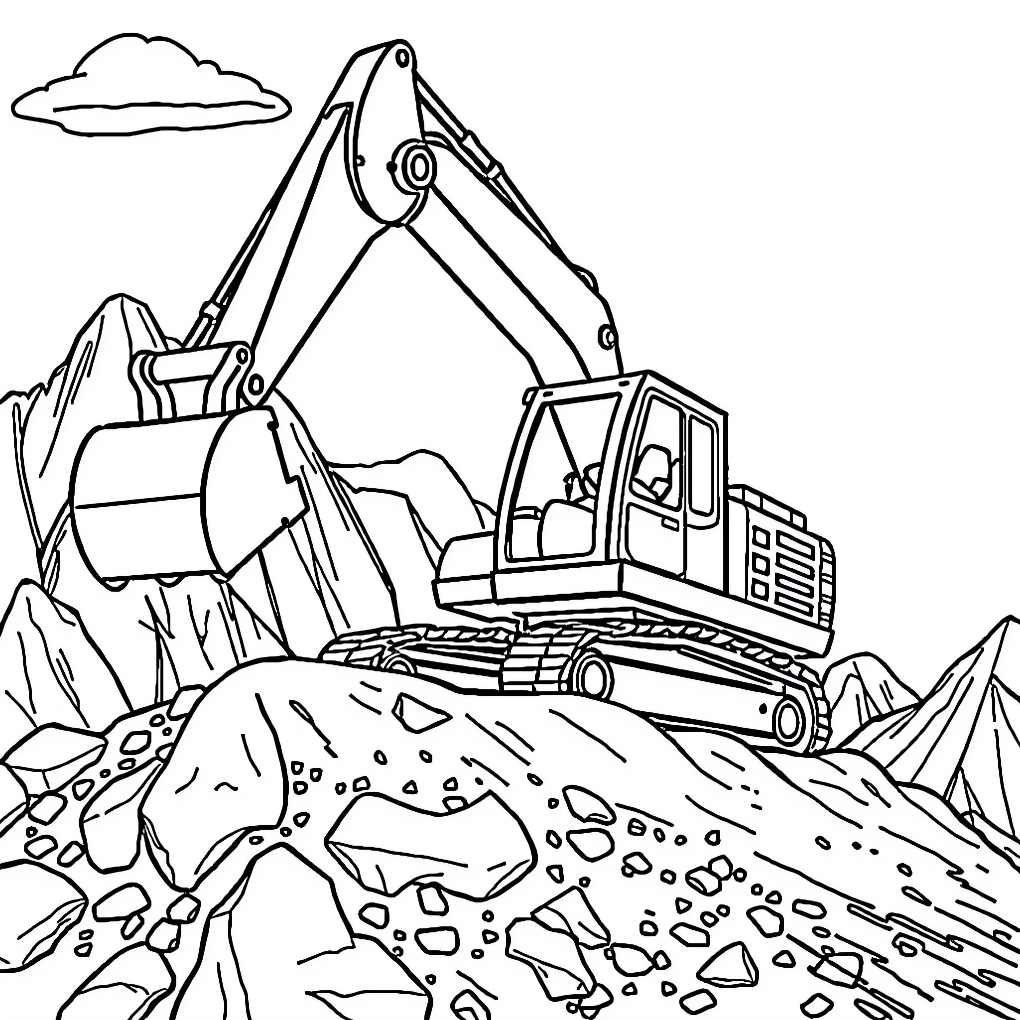 Excavator at work in rocky terrain Coloring Page (free black-and-white line drawing printable PDF for all, from beginners to advanced learners, including children, teens, adults, and seniors)