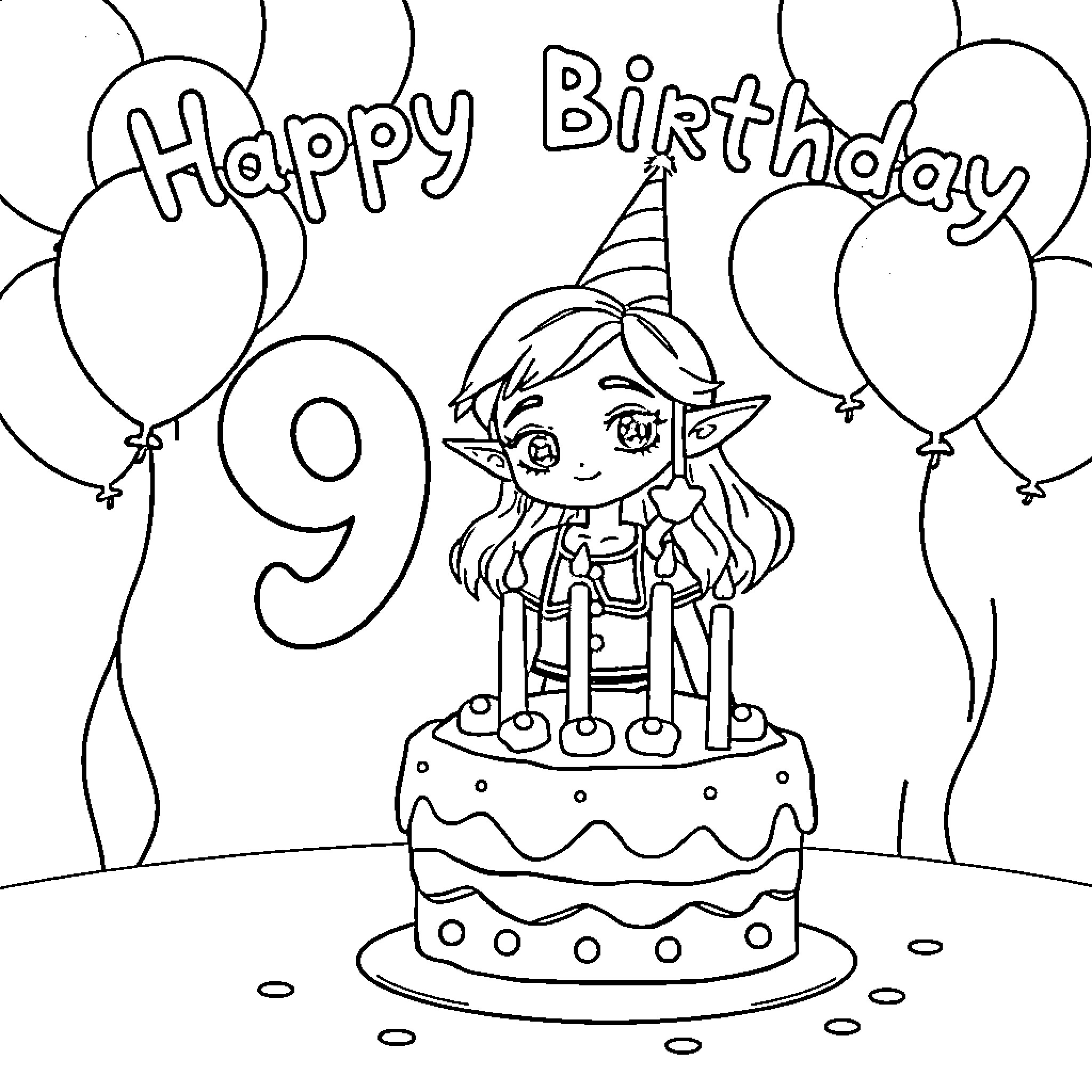 Zelda's 9th Birthday Celebration Coloring Page (free black-and-white line drawing printable PDF for all, from beginners to advanced learners, including children, teens, adults, and seniors)