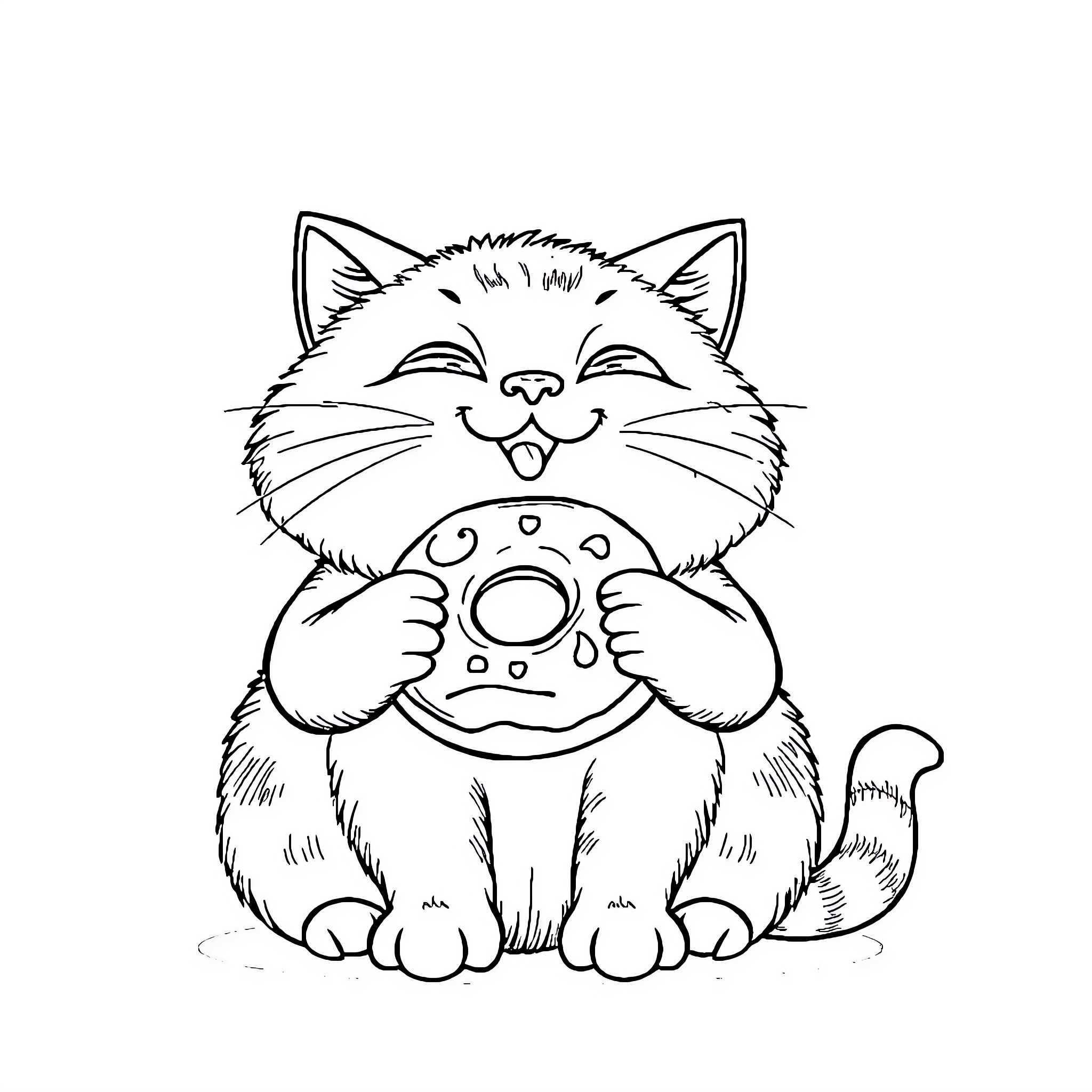 Cat playing with a donut toy Coloring Page (free black-and-white line drawing printable PDF for all, from beginners to advanced learners, including children, teens, adults, and seniors)