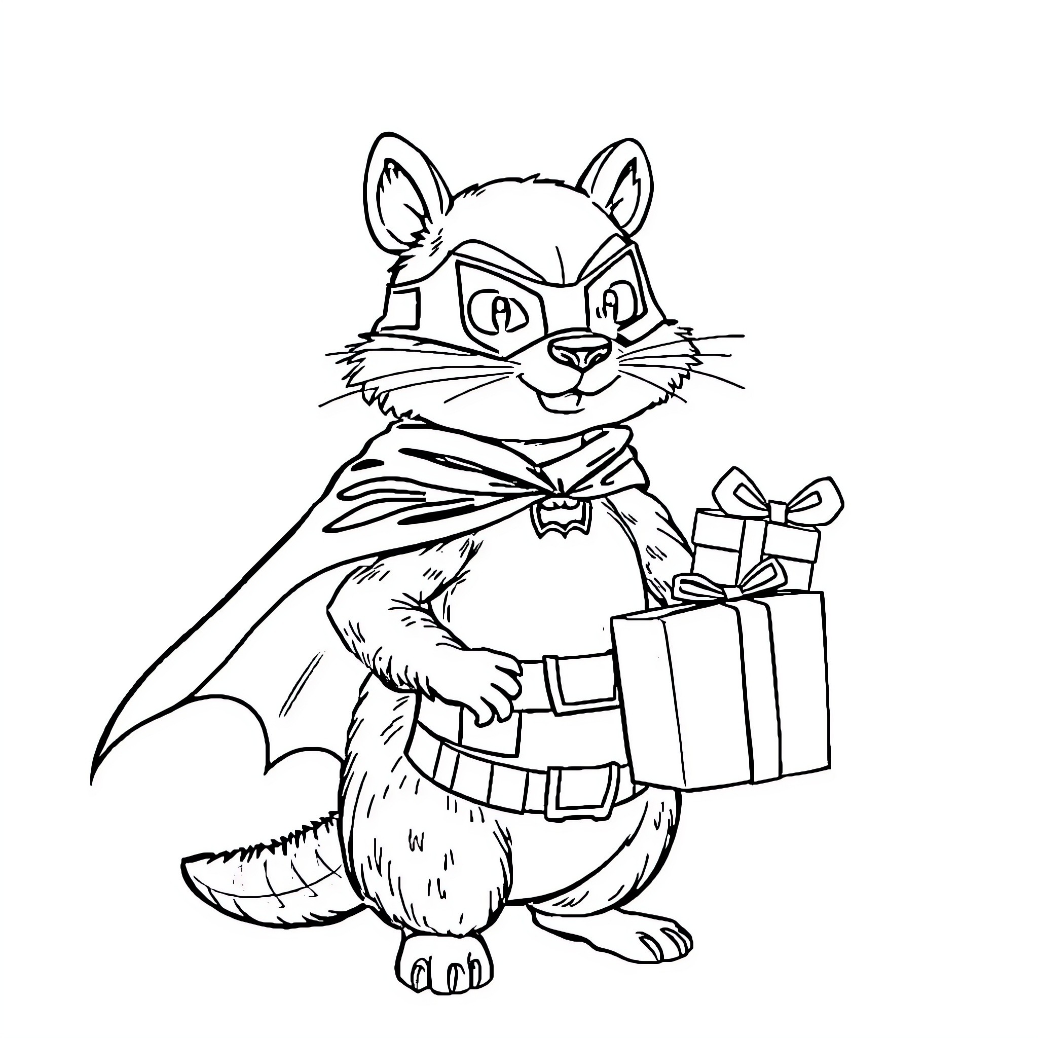 Duck holding a gift box and wearing a cape Coloring Page (free black-and-white line drawing printable PDF for all, from beginners to advanced learners, including children, teens, adults, and seniors)