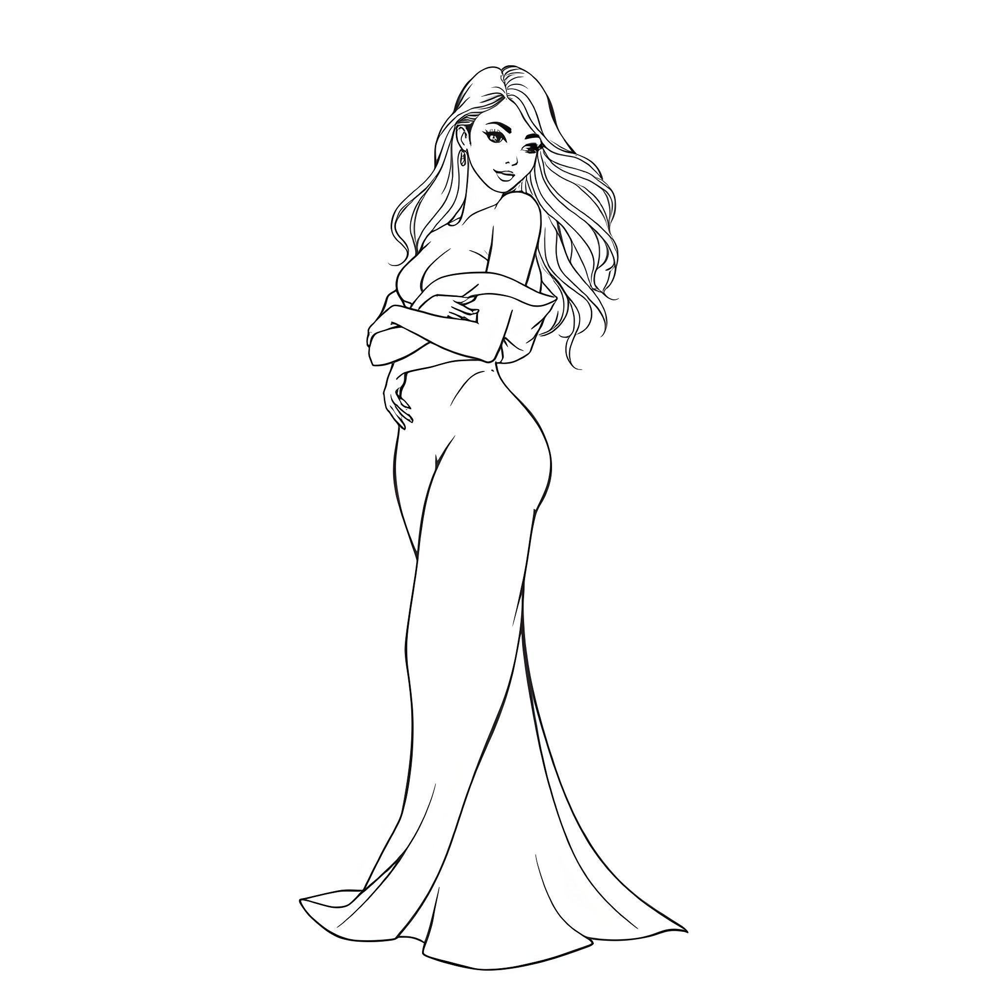 Girl in elegant evening gown posing confidently Coloring Page (free black-and-white line drawing printable PDF for all, from beginners to advanced learners, including children, teens, adults, and seniors)
